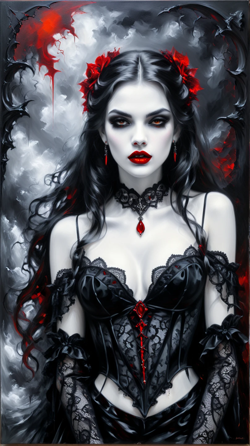 fantasy art deco (art deco: 1.5) A (black and white: 1.5) glamours (vampire: 1.5) model shot, RAW, award winning, of an exquisite beautiful 1solo female vampire, ultra feminine, full body, busty woman, most beautiful face ultra detailed face, long hair, wavy hair, pale skin, glowing (red: 1.3) eyes, wearing (blue: 1.5) silk corset glamour, intricate dress, studded with (black opals: 1.3) wearing intricate high heels, lying in bed, light make up, modern day high society bedroom background, (black and white filter: 1.4), (anatomically correct: 1.4), 1960s photoshoot style, picture taken from dynamic range, vibrant, Ultra-high resolution, High Contrast, (masterpiece:1.5), highest quality, Best aesthetics), best details, best quality, highres, ultra wide angle, 16k, [ultra detailed], masterpiece, best quality, (extremely detailed), Intense Gaze, RedGlitter, dark novel, Blood_Covered, goth person