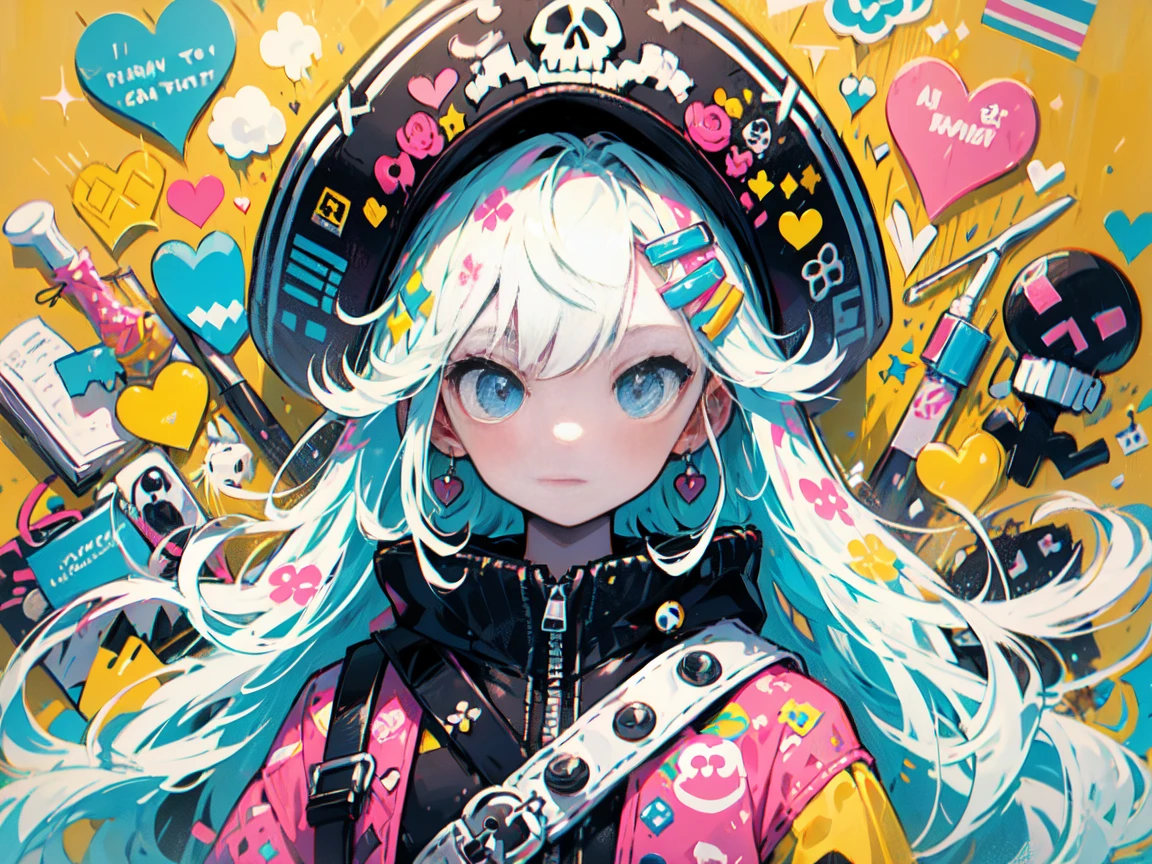 Black Star Red and White style、"cute, beautiful, Adorable girl wearing pink clothes, yellow, and baby blue color scheme. She is wearing a costume with a SKULL motif inspired by a female pirate.。.。.。.... stylish hat, Rock、Comes with decorative accessories such as hair clips. Embodying the vibrant and modern Harajuku fashion style。The background is a pirate ship