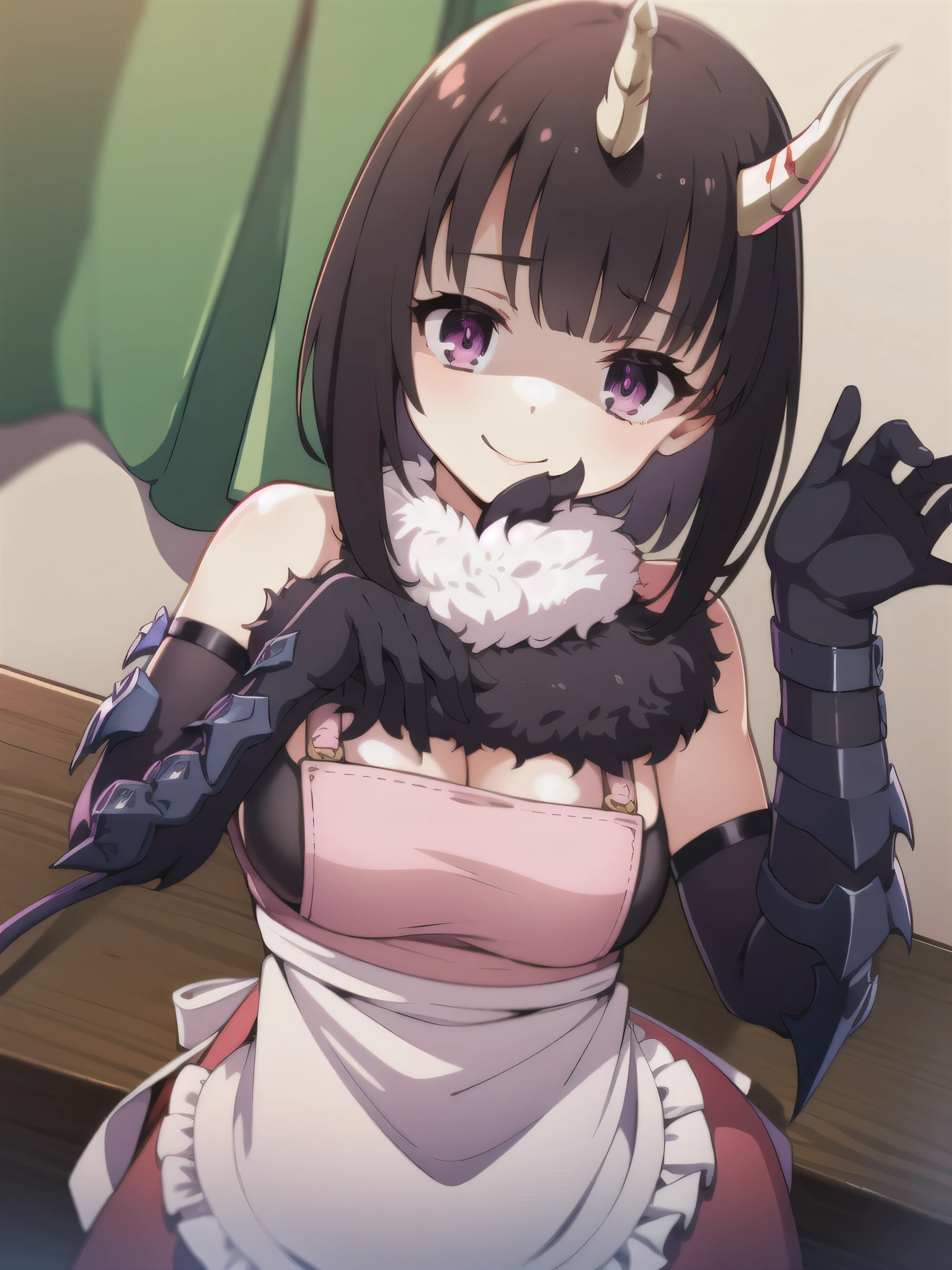 masterpiece,  best quality,  one girl , Heather,  purple eyes,  brown hair on the abdomen,  Short bangs ,  bob cut from the front, Horn, Pink Apron,,  bare shoulders,  armrest gloves,  gauntlet ,  red skirt,  Fur Trim,  watch viewers ,,2本のHorn,Tail,wicked smile