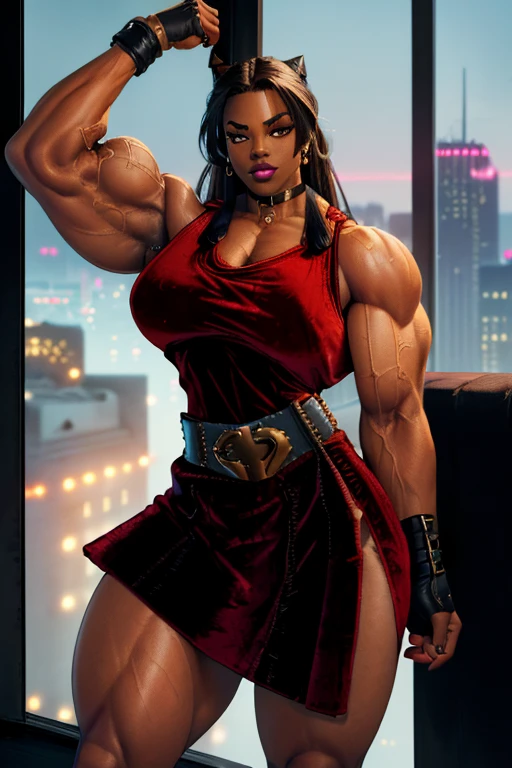 (high quality, best rendering), (beautiful girl), RedSheHulk, yellow eyes, red skin, cityscape, night, smug, (bombshell, pin-up style), psychopath, crazy face, sexy pose, 2 piece outfit, pastel, centered, scale to fit dimensions, micro thong, micro bikini, camel toe