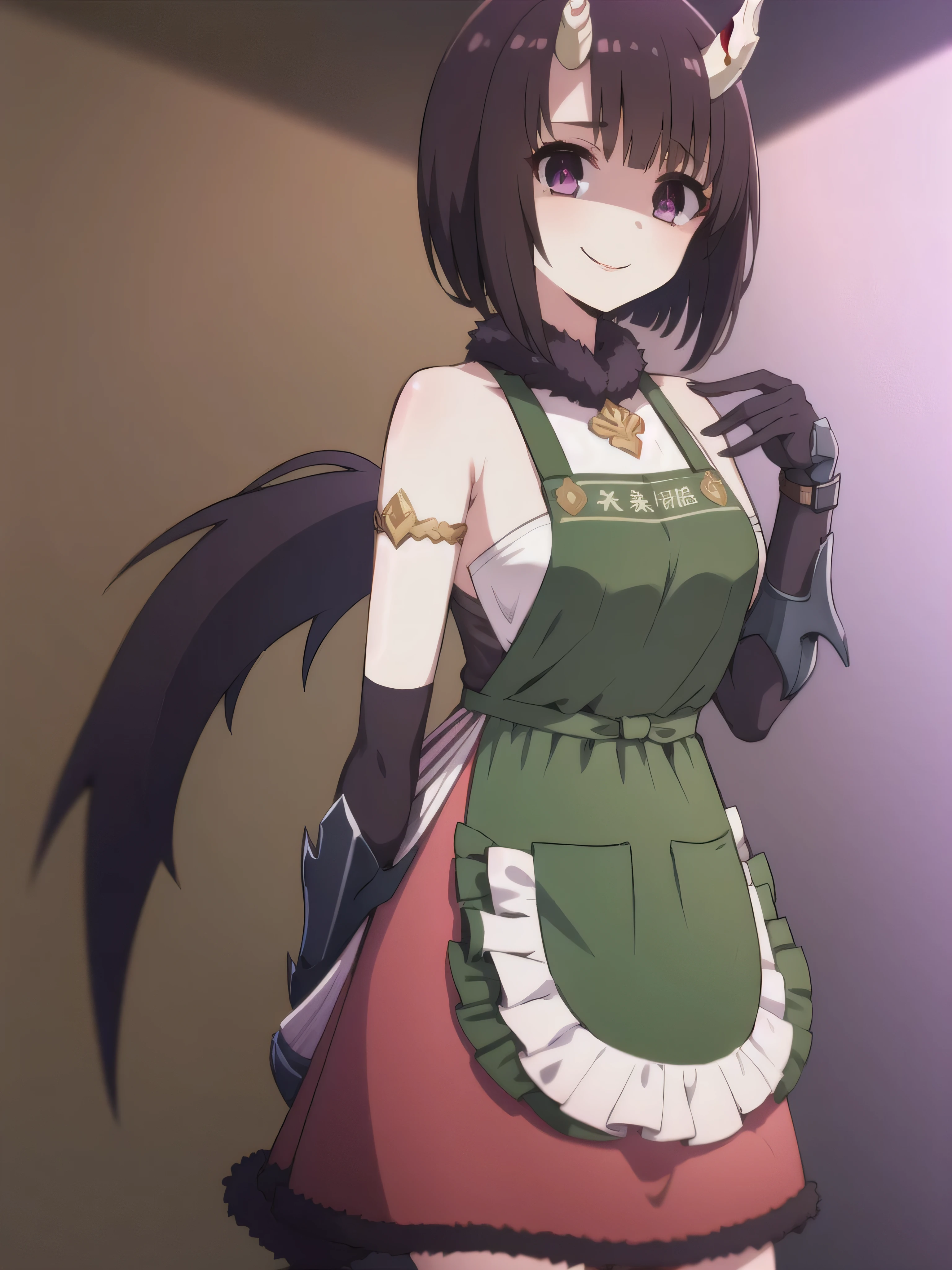 masterpiece,  best quality,  one girl , Heather,  purple eyes,  brown hair on the abdomen,  Short bangs ,  bob cut from the front, Horn, Pink Apron,,  bare shoulders,  armrest gloves,  gauntlet ,  red skirt,  Fur Trim,  watch viewers ,,2本のHorn,Tail,wicked smile