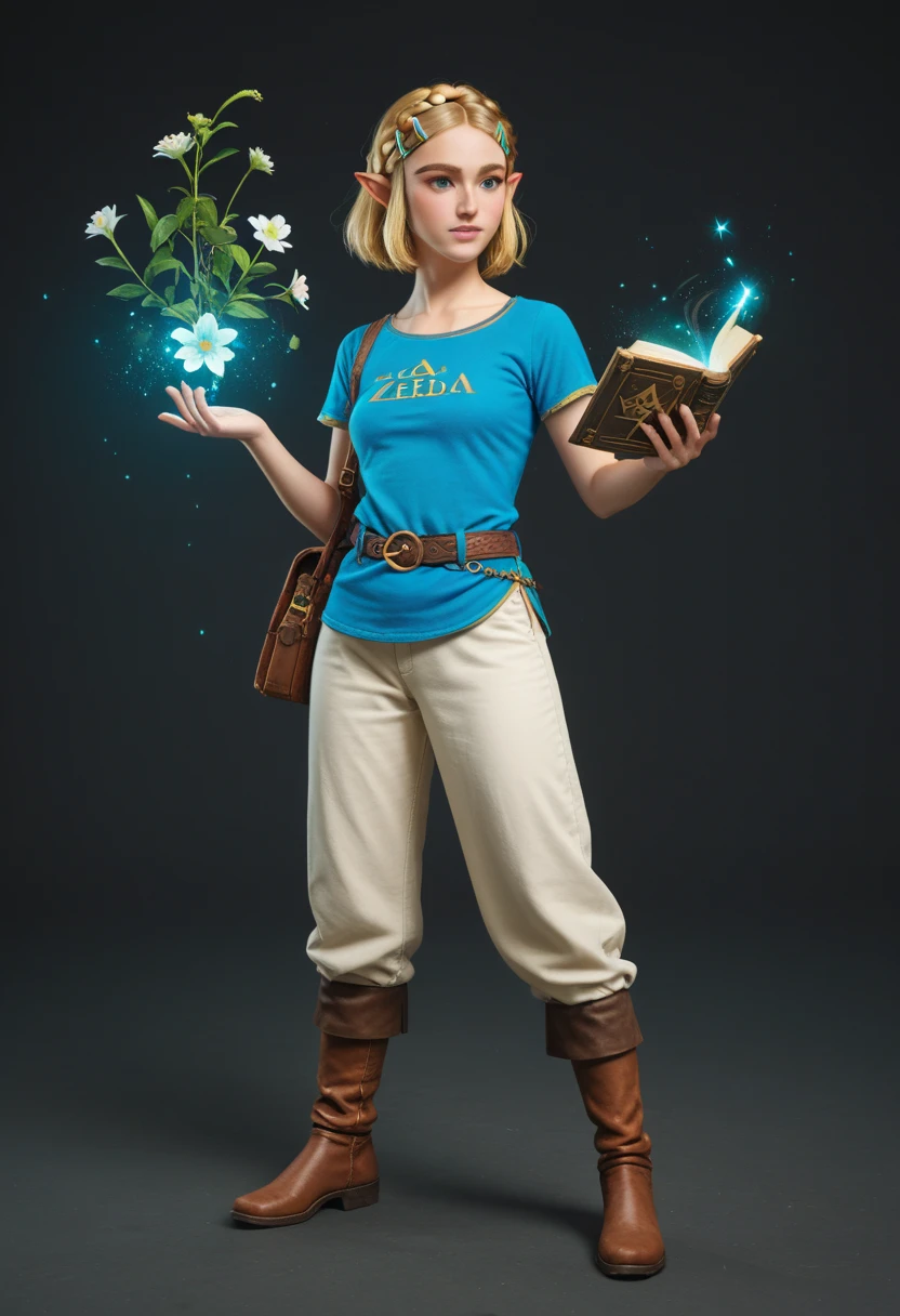  Princess Zelda, 1 , Artist&#39;s request, belt,  blonde hair , blue shirt, book, boots, inexpressive ,  full body ,  green eyes ,  highres icon,  looking at the spectator, magic, Nintendo, pants,  pointy ears , shirt,  short hair,  simple background , Alone,  The Legend of Zelda,  The Legend of Zelda:  wild breath ,  The Legend of Zelda: Tears of the Kingdom, flower made of light, magic