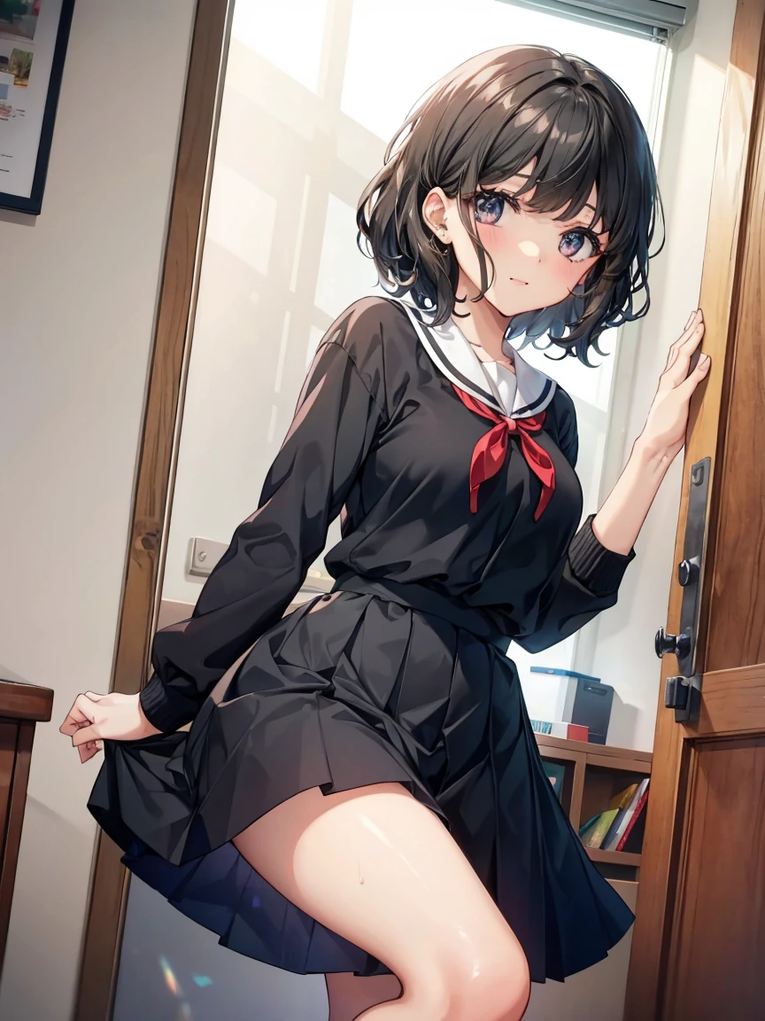 One Girl, Alone,  On, ( shorthair:1.0), black hair, cute, 
smile,
sweat,   heart shaped eyes ,   medium breast , 
  half closed eyes,Curly hair , 
 show viewer ,  from below,  concentrate, 
Particles of light,  My Room,
masterpiece,  best quality,   Anatomically Accurate , Anime ,
viewing angle, Top Girl, 
Whose,  school uniform(The color of the uniform is black),