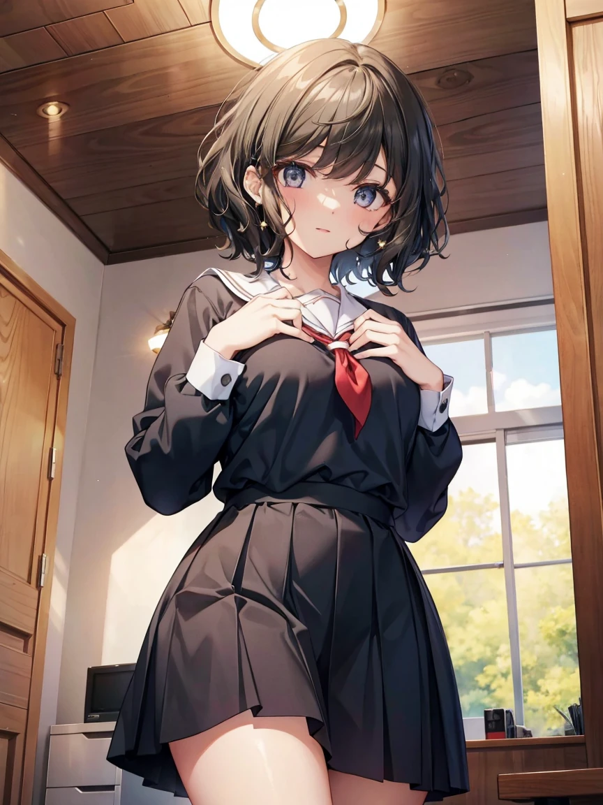 One Girl, Alone,  On, ( shorthair:1.0), black hair, cute, 
smile,
sweat,   heart shaped eyes ,   medium breast , 
  half closed eyes,Curly hair , 
 show viewer ,  from below,  concentrate, 
Particles of light,  My Room,
masterpiece,  best quality,   Anatomically Accurate , Anime ,
viewing angle, Top Girl, 
Whose,  school uniform(The color of the uniform is black),