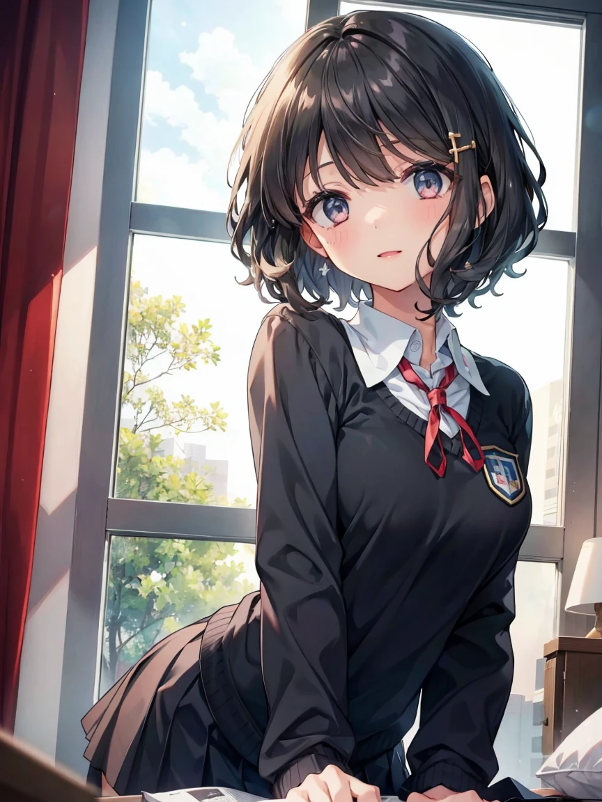 One Girl, Alone,  On, ( shorthair:1.0), black hair, cute, 
smile,
sweat,   heart shaped eyes ,   medium breast , 
  half closed eyes,Curly hair , 
 show viewer ,  from below,  concentrate, 
Particles of light,  My Room,
masterpiece,  best quality,   Anatomically Accurate , Anime ,
viewing angle, Top Girl, 
Whose,  school uniform(The color of the uniform is black),