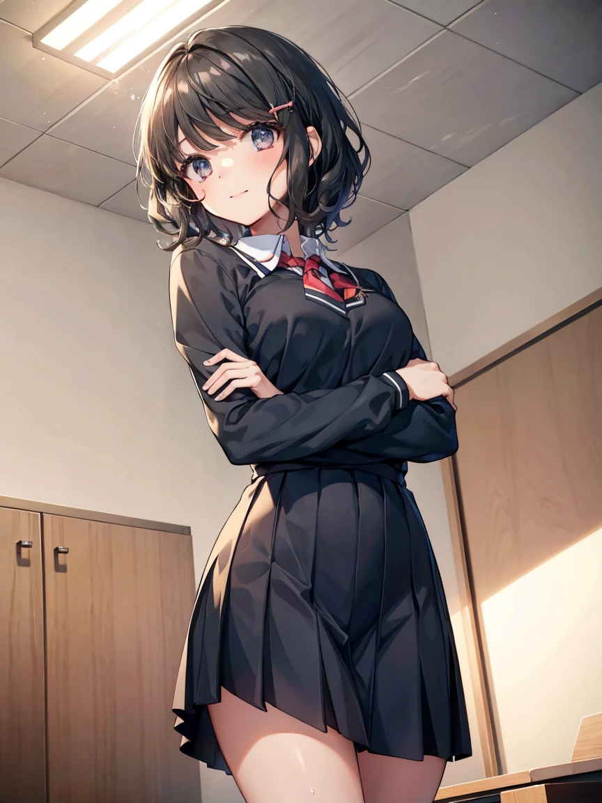 One Girl, Alone,  On, ( shorthair:1.0), black hair, cute, 
smile,
sweat,   heart shaped eyes ,   medium breast , 
  half closed eyes,Curly hair , 
 show viewer ,  from below,  concentrate, 
Particles of light,  My Room,
masterpiece,  best quality,   Anatomically Accurate , Anime ,
viewing angle, Top Girl, 
Whose,  school uniform(The color of the uniform is black),