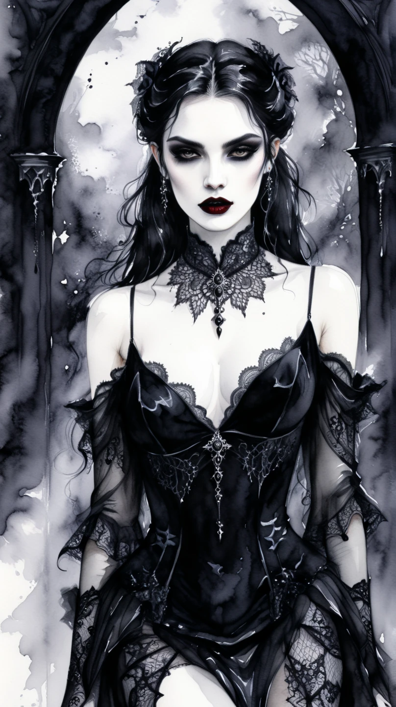 fantasy art deco (art deco: 1.5) A (black and white: 1.5) glamours (vampire: 1.5) model shot, RAW, award winning, of an exquisite beautiful 1solo female vampire, ultra feminine, full body, busty woman, most beautiful face ultra detailed face, long hair, wavy hair, pale skin, glowing (red: 1.3) eyes, wearing (purple: 1.5) silk intricate glamour dress corset , studded with (black opals: 1.3) wearing intricate high heels, lying in bed, light make up, ancient library background, , (black and white filter: 1.4), (anatomically correct: 1.4), 1960s photoshoot style, picture taken from dynamic range, vibrant, Ultra-high resolution, High Contrast, (masterpiece:1.5), highest quality, Best aesthetics), best details, best quality, highres, ultra wide angle, 16k, [ultra detailed], masterpiece, best quality, (extremely detailed), Intense Gaze, dark novel, Blood_Covered, goth person