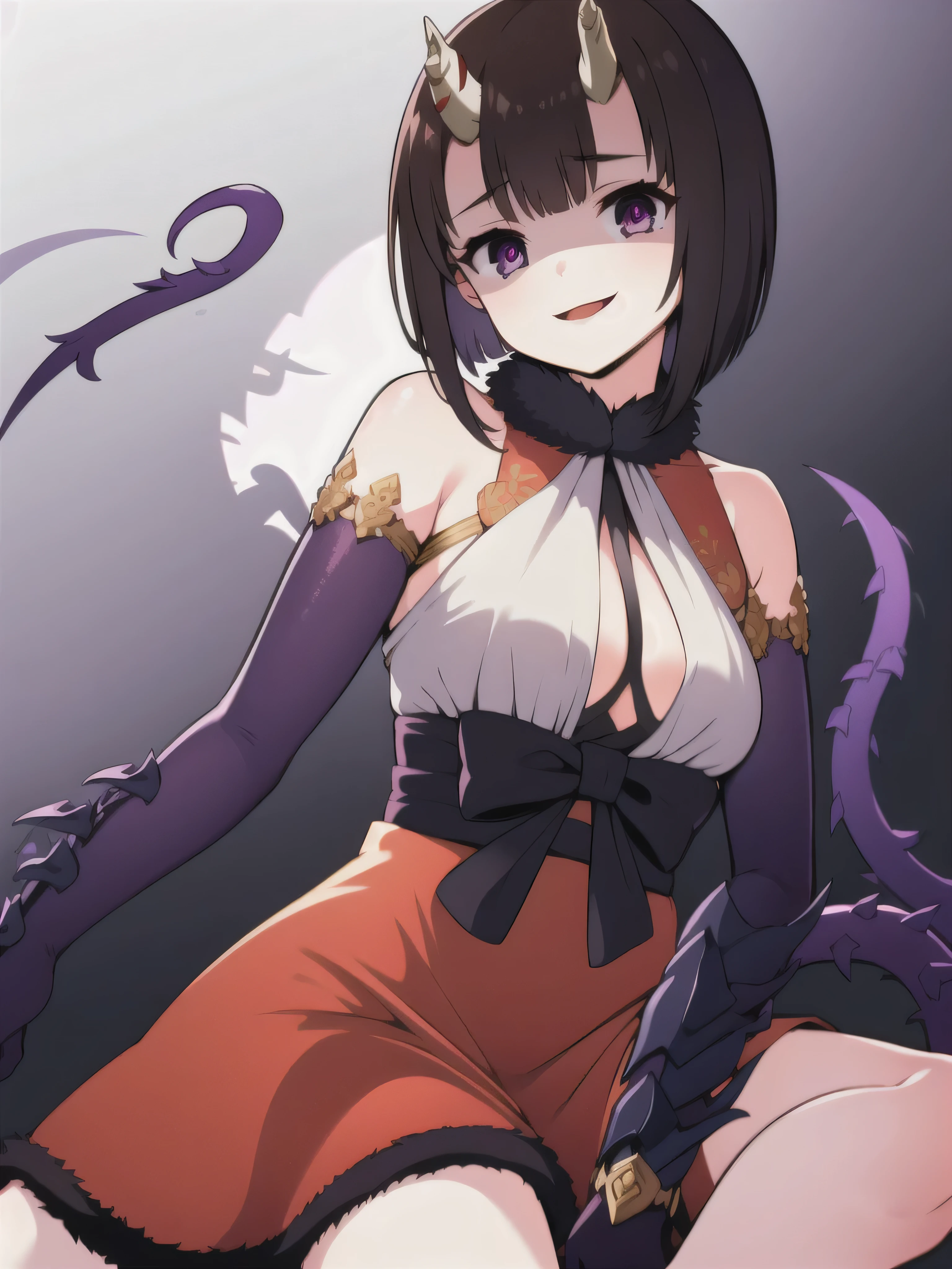 masterpiece,  best quality,  one girl , Heather,  purple eyes,  brown hair on the abdomen,  Short bangs ,  bob cut from the front, Horn, ,,  bare shoulders,  armrest gloves,  gauntlet ,  red skirt,  Fur Trim,  watch viewers ,,2本のHorn,Tail,wicked smile,evil dark background ,