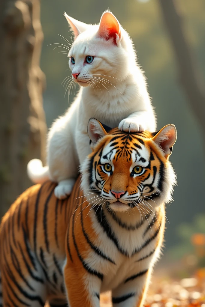 All white cat riding on the back, innocent little tiger, high profile ...