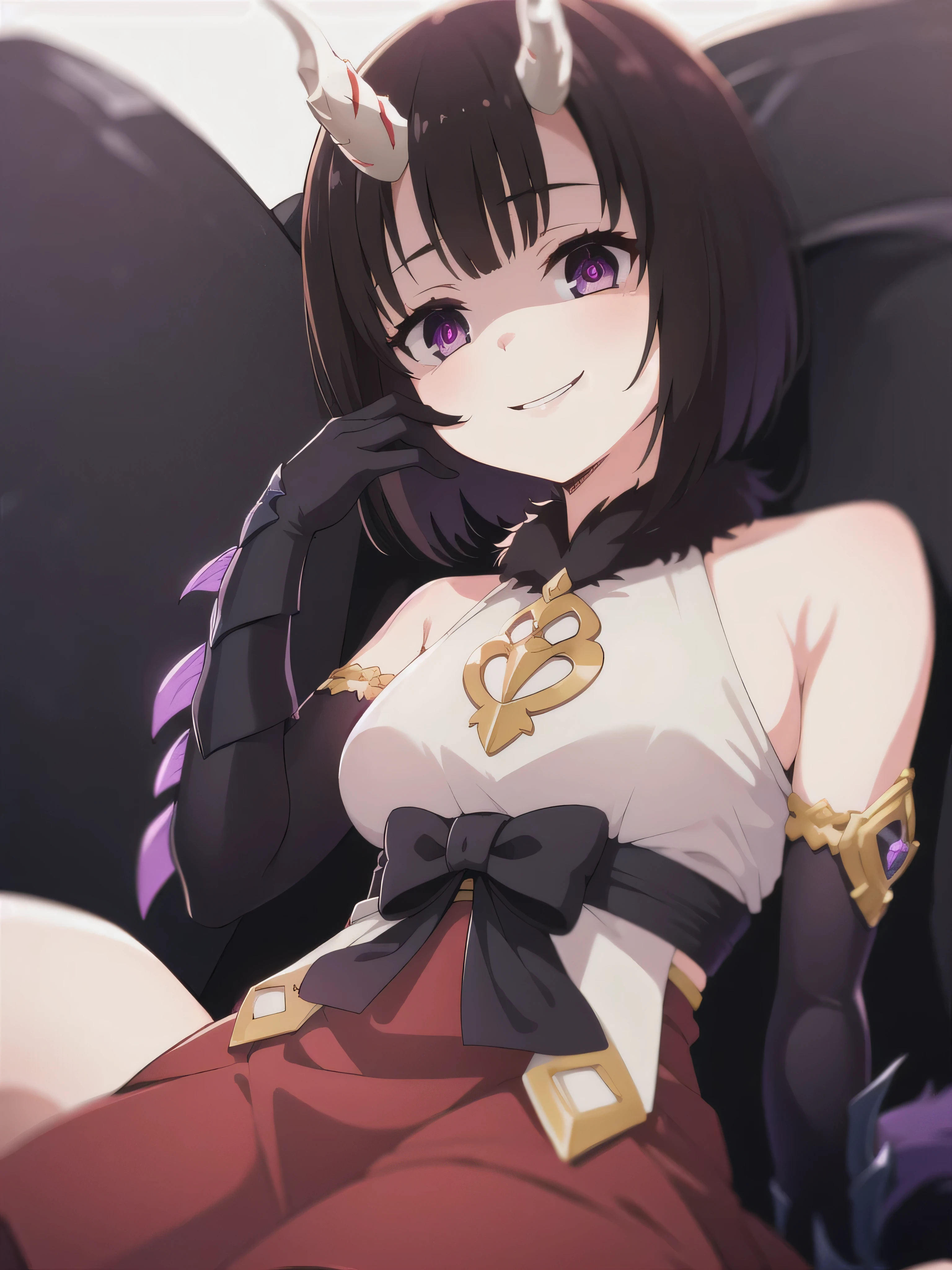 masterpiece,  best quality,  one girl , Heather,  purple eyes,  brown hair on the abdomen,  Short bangs ,  bob cut from the front, Horn, ,,  bare shoulders,  armrest gloves,  gauntlet ,  red skirt,  Fur Trim,  watch viewers ,,2本のHorn,Tail,wicked smile,evil dark background ,