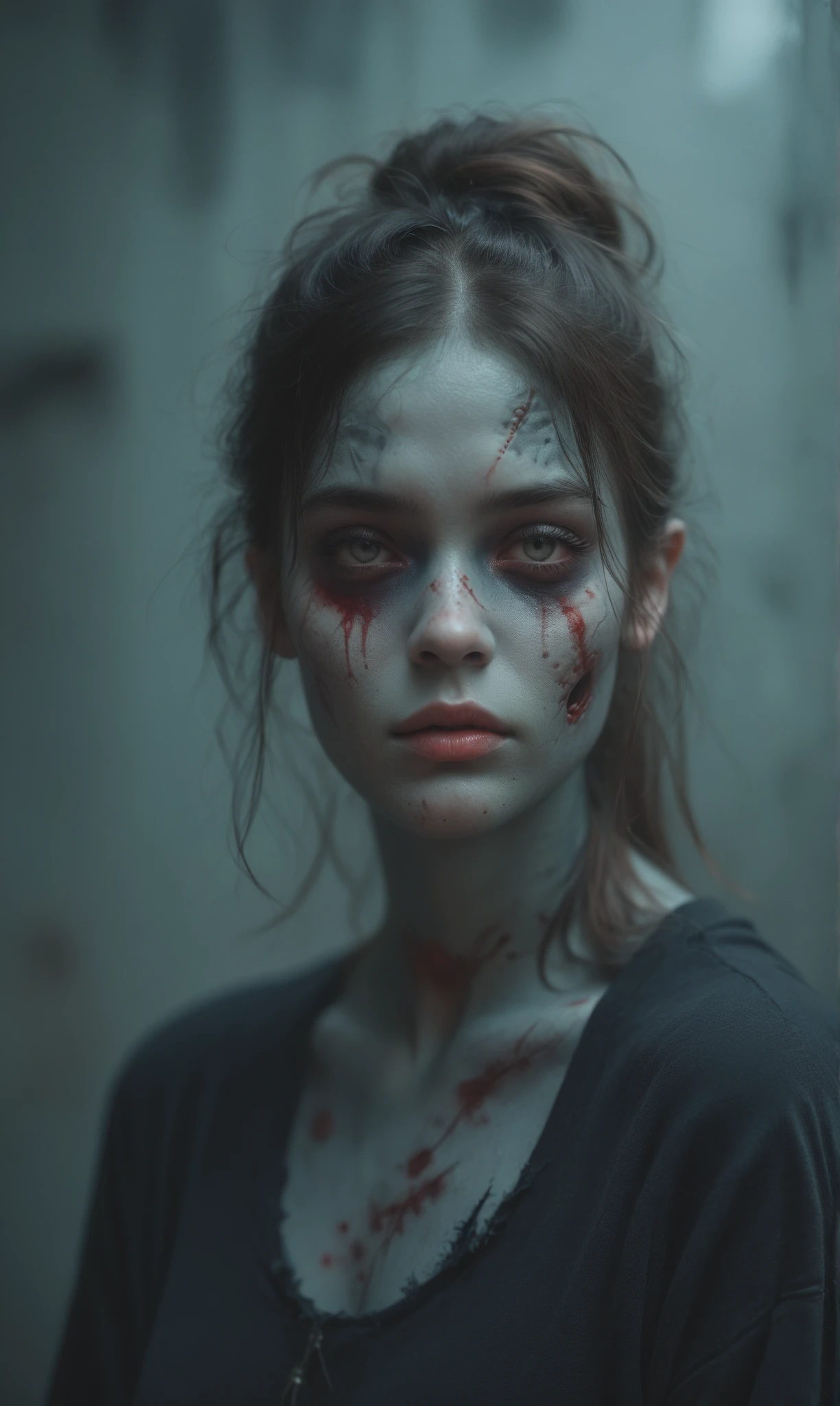 Horror, body horror, gloomy background, disgusting, sick person, dropped jaw, broken jaw, sunken face, hives on skin, infected blisters, side view, cut off nose, skin infection, miserable