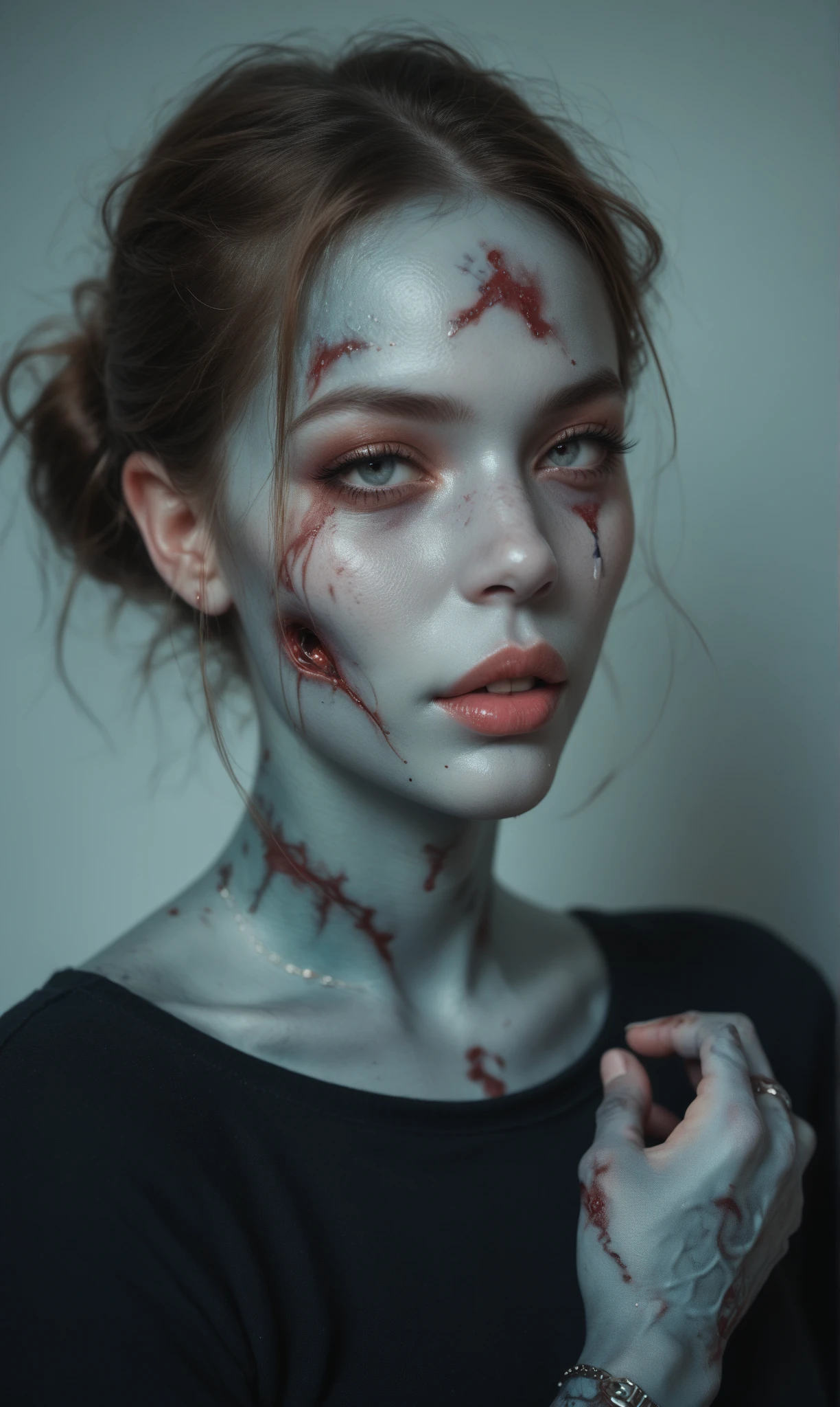 A masterpiece inspired by Hellraiser, h. P. Lovecraft and the Evil Dead 2013, Realistic whole body ((Perforated hard body)) Pictures of two young zombie evil skinny women, Two skinny young evil zombie women with hard bodies pierced ((Two skinny young young zombie evil women, whole body perforated)), decompose, Dark liquid in decomposition body, 12K resolution, Two cute young skinny scary scary evil zombie women psycho monster bat whole body bright translucent pale ghostly dark evil skin zombie hugging without clothes black blue liquid body piercing rotting, Very Complex Face Paint Horrible Body Paint、Completely pierced with dark liquid, Detailed light ghostly dark liquid coming out of the eyes, Crazy Bright Zombie Barely Skinny Emo, Light blue black hair and light green, And evil creepy evil blue smile, The dark dark scene in the haunted house is very scary, ultra-detailliert, ((dark art)), Pantano of fear, full-body view, Head to toe, nffsw