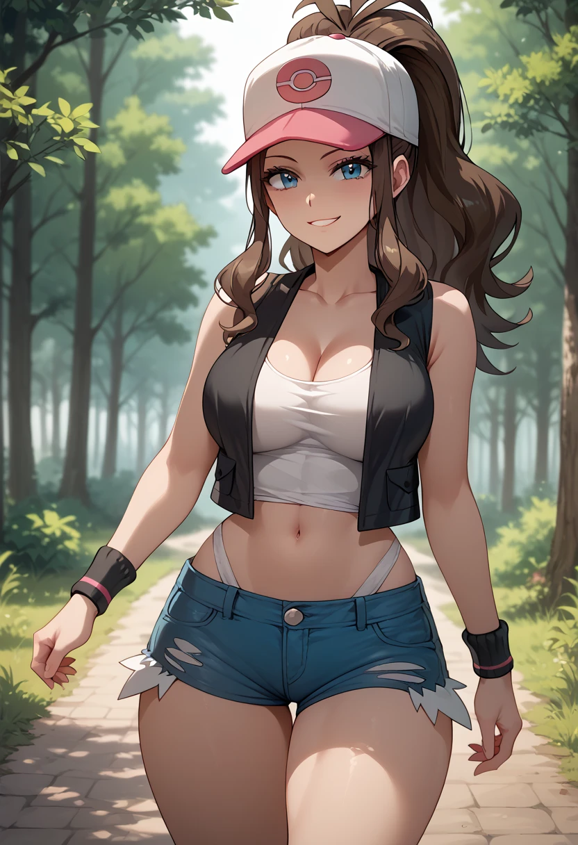 Perfect CG unity 8K UHD wallpaper, Perfect CG unity 8K UHD wallpaper, 1girl, large breasts, large hips, small waist, large thighs, smug, pokemonhilda, blue eyes, brown hair, long hair, ponytail, baseball cap, blue shorts, denim, hat, micro shorts, vest, wristband, sleeveless, black vest, white shirt, micro shirt, outdoors, forest, walking, lowleg shorts, groin, panties, cleavage, oversized clothes