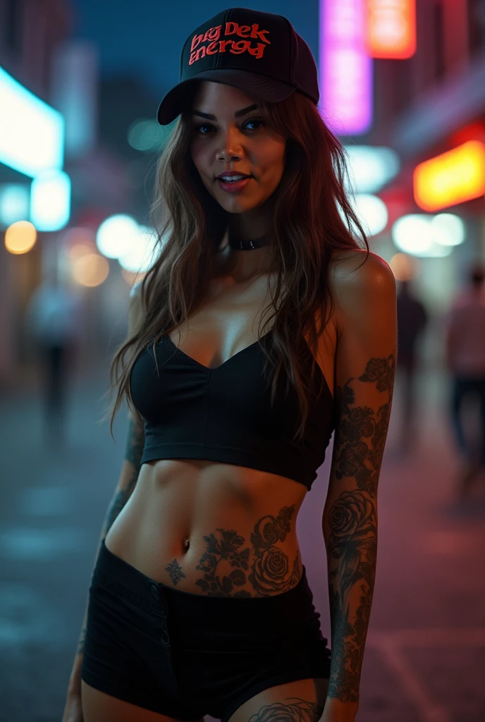 1girl, Sandy blonde hair with high pony and undercut on left side, hands behind head, 1 leg forward, contrapposto stance, scantily clad, strappy_high_heels, heavily tattooed, color tattooed, (wide angle:1.37), modeling on an NYC street 