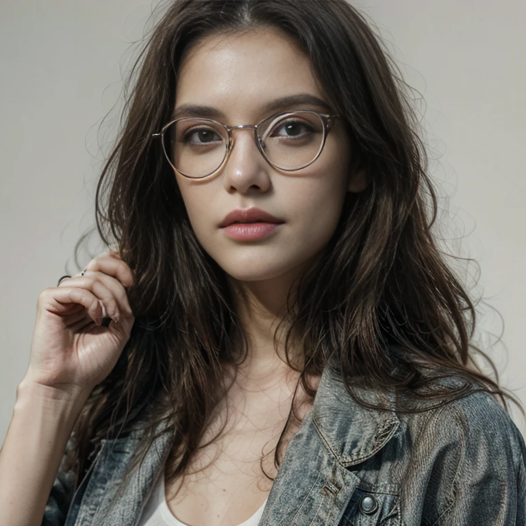 Hyper réaliste, visage femme brune, yeux vairons, cheveux au carré, sexy avec des lunettes, 23 ans, magnifique, détails de haute qualité