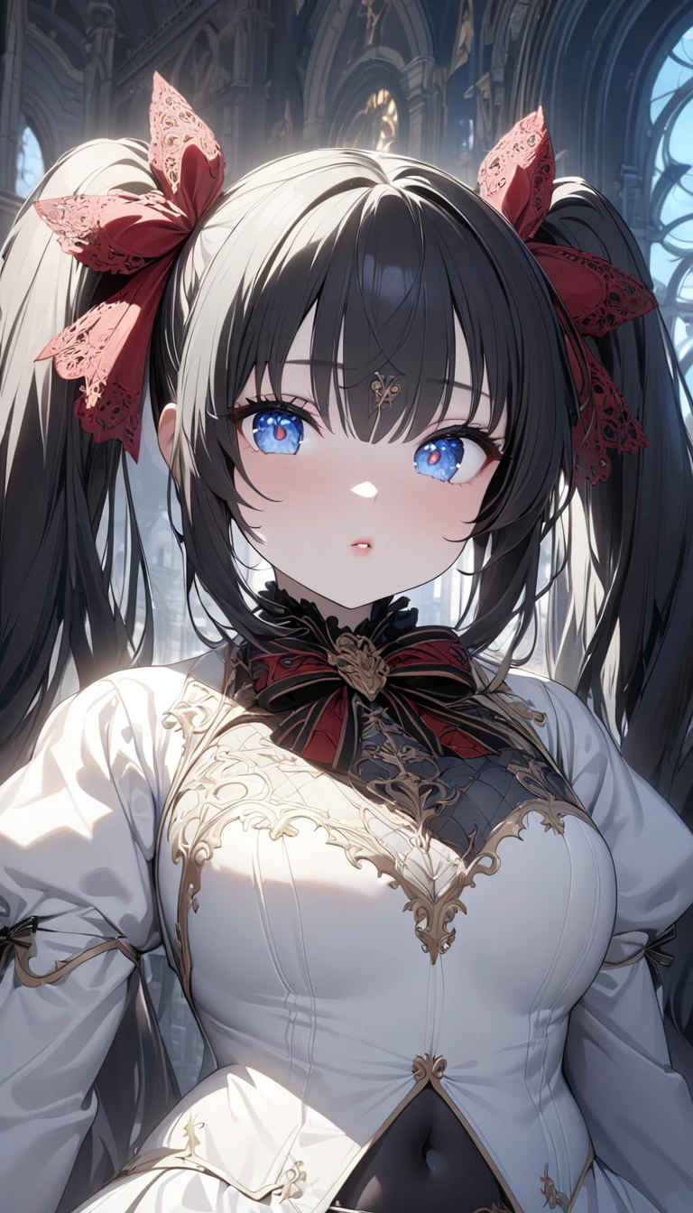  、( slim、1 person,  cute young woman, , small bust:1.3,  black hair、 twin tail hair 、Azure Eyes、 big red lace ribbon on hair ),delicate beautiful eyes , eyes are drawn in detail , high definition , masterpiece, pictures of girls , cute and beautiful face down to the last detail、Beautiful Bangs, Bangs between the eyes, ( eyeliner , lipstick:0.9), Masterpiece ,   best quality , ( Solo Focus ), ( perfect face:1.1), ( high detail:1.1),dramatic,  long hair, moon,   knight ,  White Luxury Suit , ,  covered {x} navel,  plump lips ,  covered {x}, Victorian city,  detailed background,  gothic renaissance ,  cinematic lighting ,