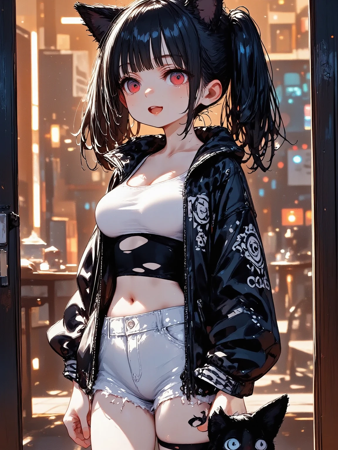 1girl\(cute,kawaii, charming, fascinating, bewitching, evil smile, smirk,evil face, fang, black hair,naughty smile, long hair, twin tails hair, pale skin, white skin, red eyes, eyes shining, big eyes, big breast, perky breast, punk fashion, ripped clothes, white tight tube top, tight hot pants, stomach shown, ripped black short jacket, fluffy black cat-ear, spiral eyes,eyes spiraled, bang, hands in pocket,shiny skin\), background\(outside, noisy city, backstreet, narrow street, neon lights, at midnight\),3d render, portraits, bust-up shot, from above, niji style, slight abdominal muscles,very close up of face,,zoom up girl, great focus, great bokeh,dynamic camera angle,punky costume,bags under eyes,taken by Kodak MC3 camera,anatomically correct body,beautiful body