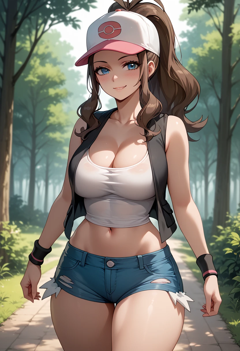 Perfect CG unity 8K UHD wallpaper, Perfect CG unity 8K UHD wallpaper, 1girl, large breasts, large hips, small waist, large thighs, smug, pokemonhilda, blue eyes, brown hair, long hair, ponytail, baseball cap, blue shorts, denim, hat, micro shorts, vest, wristband, sleeveless, black vest, white shirt, micro shirt, outdoors, forest, walking, lowleg shorts, groin, panties, cleavage, ((oversized clothes:1.3))