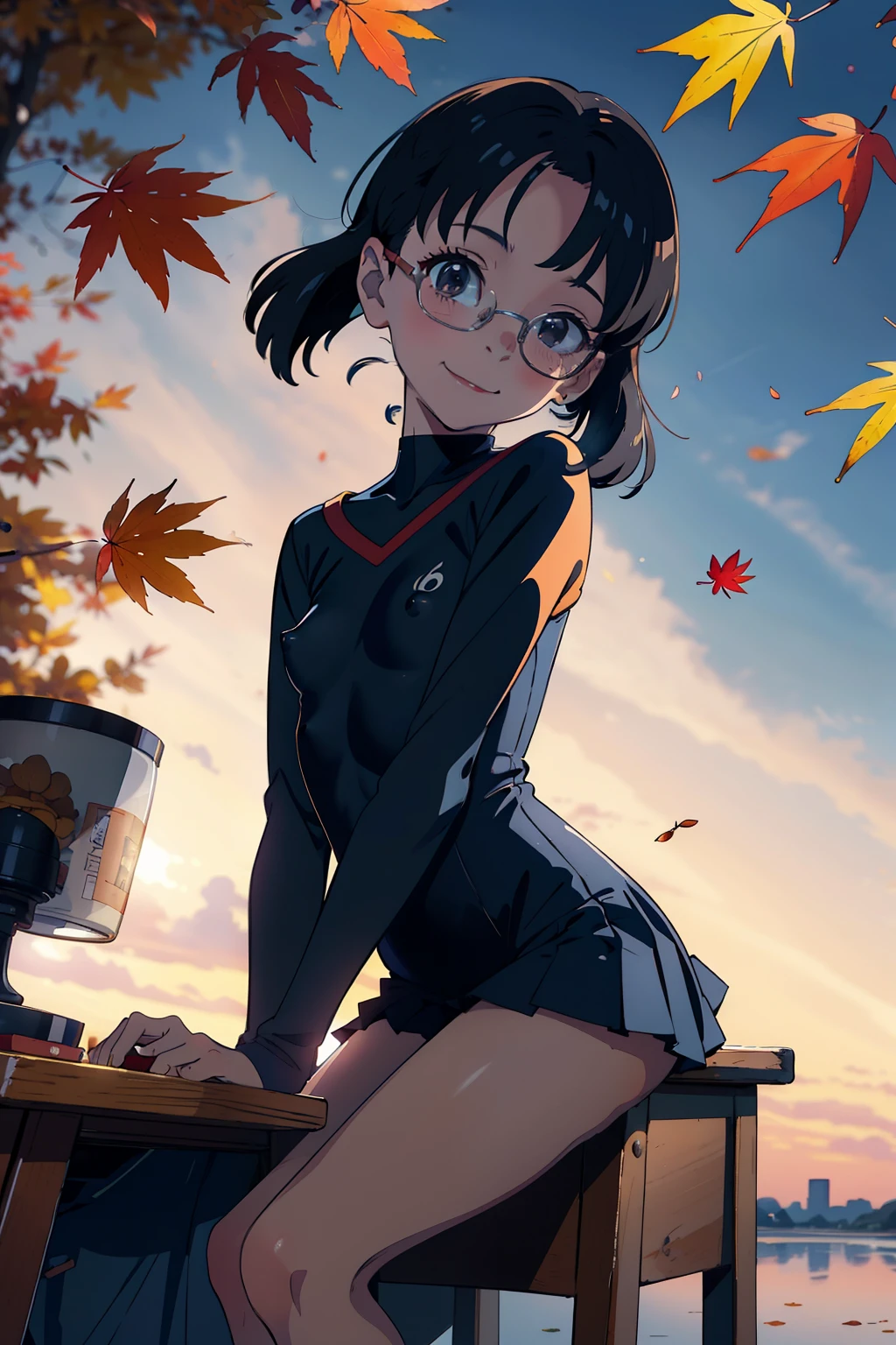 (  High Quality  )， fisheye lens，One ， a very young girl ，baby face，Very short stature， toddler figure ， very small flat chest，My breasts seem to be puffed up with pecanches， very thin limbs，  very thin thighs，  small ass  ，naked，Pinch your nipples in a long-sleeved collared sailor suit， Sit at a Desk Dressed as a Girl {x} Dark Blue Pleated Mini Skirt，Glasses，grassland，  is smiling ，At dusk，beautiful beautiful sunset，autumn，autumnの紅葉，Strong winds， bright ， bright  色，watercolor， Ghibli style， sarcasm ，