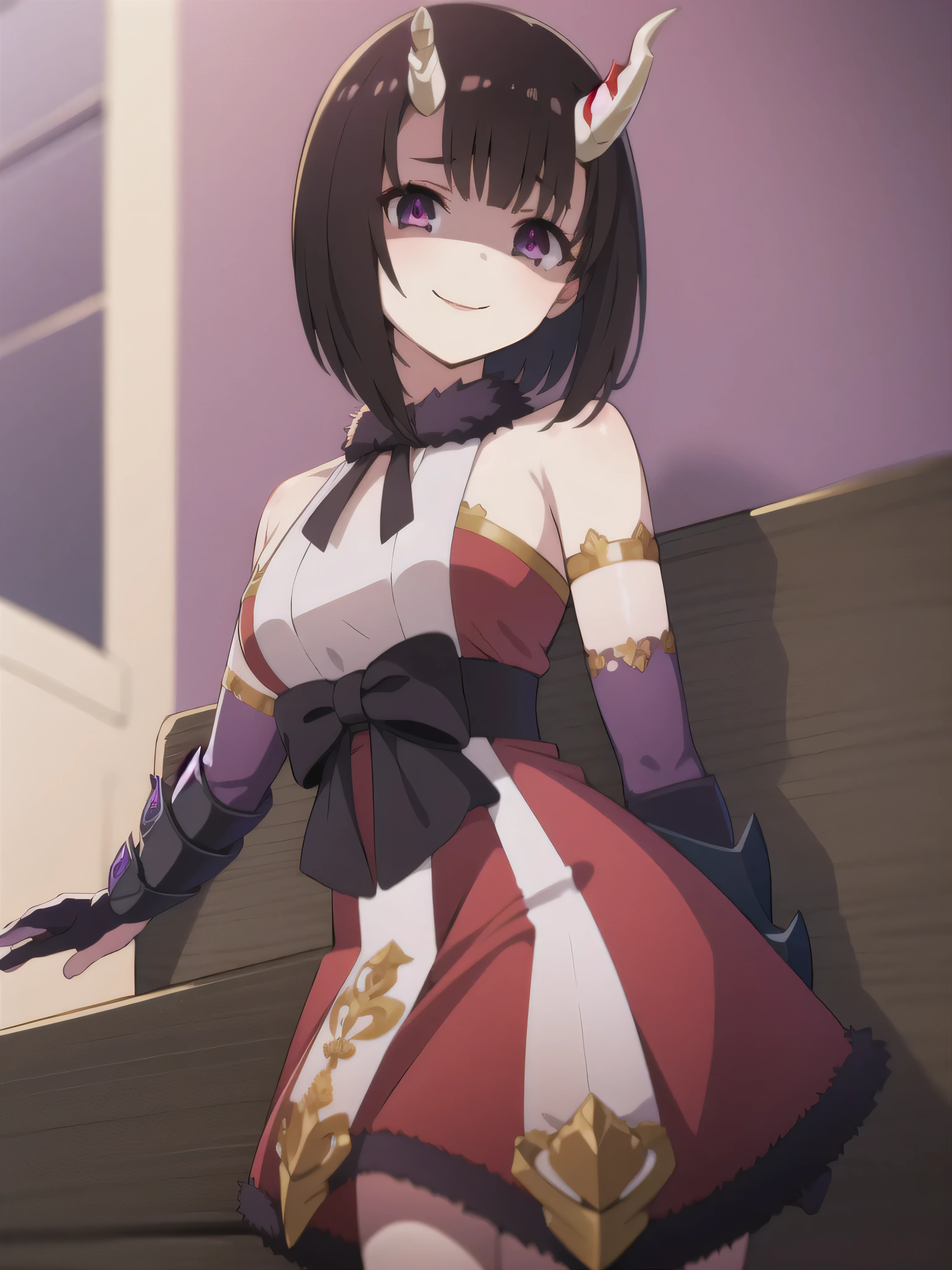 masterpiece,  best quality,  one girl , Heather,  purple eyes,  brown hair on the abdomen,  Short bangs ,  bob cut from the front, Horn, ,,  bare shoulders,  armrest gloves,  gauntlet ,  red skirt,  Fur Trim,  watch viewers ,,2本のHorn,Tail,wicked smile,evil dark background ,