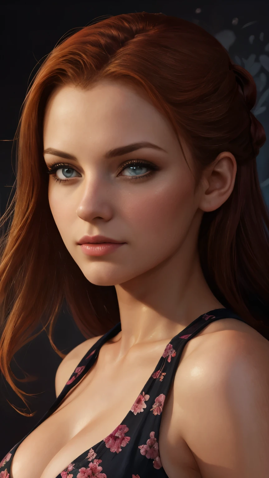 (masterpiece, highres, high resolution:1.2), realistic, portrait, A redheaded slutty woman looking at the camera, beautiful portrait photo, portrait, upper body close-up, sexy, super huge breasts, cleavage, Charlie Bowater character art, epic illustration, new art core and Charlie Bowater, high quality portrait, fantasy concept art portrait, detailed matte fantasy portrait, Charlie Bowater art style, detailed beautiful portrait, fantasy art portrait, dark, chiaroscuro, low key, oil and watercolor, best proportion, perfect anatomy, colorful floral print wallpaper backdrop