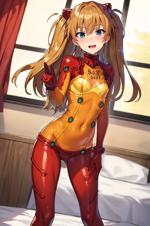 (( best quality)), ((masterpiece)), (be familiar with),  perfect face, indoor, bedroom,  viewer,
One woman,  Soryu Asuka Langley ,
 open mouth,  ecstatic expression with hands in front of body, blush, smile,
 small tits,  flat chested, Young girl, Lori,  s,  girl,
 long hair,  twin tails,
Leg spread,