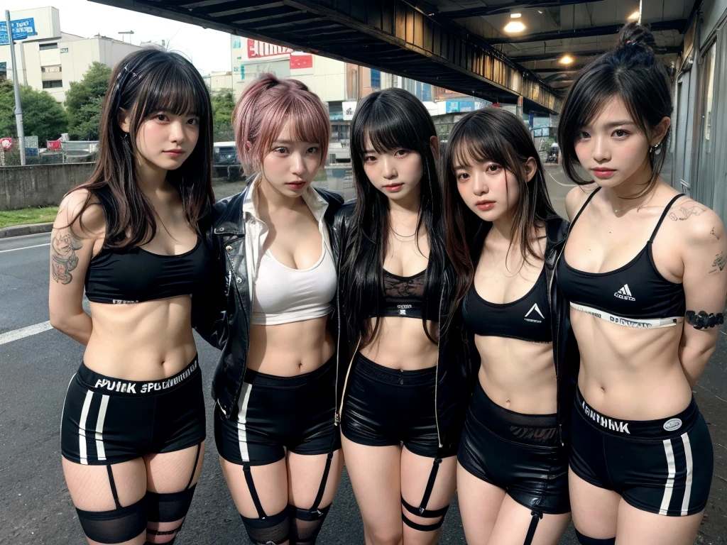 (((3 girls:1.5))、(Three women standing closely together on an indoor stage)、Three boyish women、s、Group photo of girl band group、I have a guitar)、(Realistic、Like a photograph、Live Action、8k, Realistic, RAW Photos, Best image quality: 1.4), Single-lens reflex camera、RAW Photos, Highest quality, Realistic, Highly detailed CG Unity 8k wallpaper, Written boundary depth, Cinematic Light, Lens flare, Ray Tracing, Realistic background、(A tight fitting black T-shirt:1.4、(Flared mini skirt:1.4)、Big Breasts、Abdominal muscles、bracelet、Earrings、necklace、accessories、skirtlift、Detailed lace panties)、((Silver Inner Color Hair:1.1))、Cute Japanese Band Girls、((whole body:1.5))、(short hair:1.2)、I like that style、stylish、Very detailed、Pay attention to the details、Perfect outfit、(White skin)、Beautiful feet:1.1、View from below、Accurate Arm、Meet on a street corner、Super detailed face