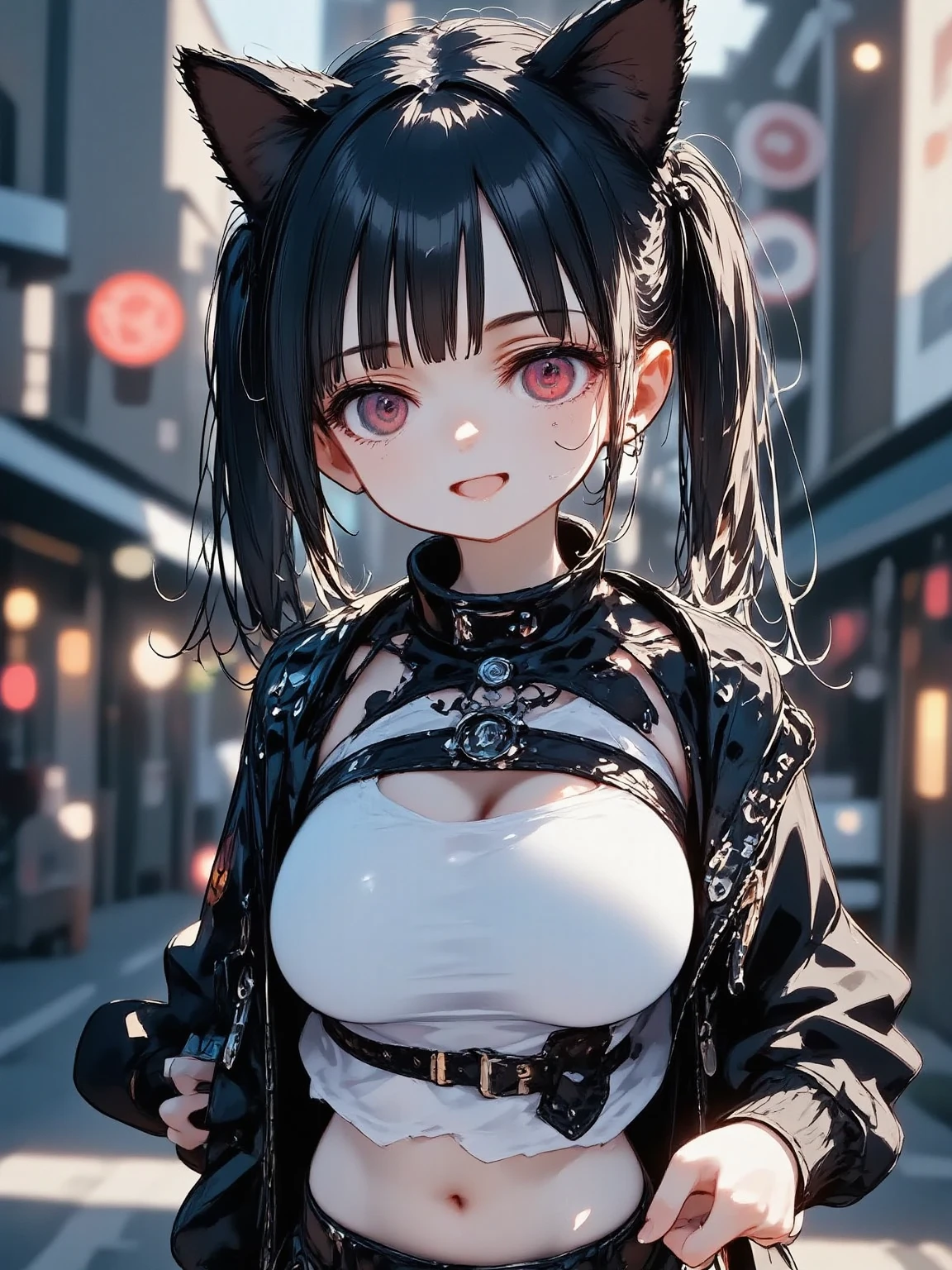 1girl\(cute,kawaii, charming, fascinating, bewitching, evil smile, smirk,evil face, fang, black hair,naughty smile, long hair, twin tails hair, pale skin, white skin, red eyes, eyes shining, big eyes, big breast, perky breast, punk fashion, ripped clothes, white tight tube top, tight hot pants, stomach shown, ripped black short jacket, fluffy black cat-ear, spiral eyes,eyes spiraled, bang, hands in pocket\), background\(outside, noisy city, backstreet, narrow street, neon lights, at midnight\),3d render, portraits, bust-up shot, from above, niji style, slight abdominal muscles,very close up of face,,zoom up girl, great focus, great bokeh,dynamic camera angle,punky costume,bags under eyes,taken by Kodak MC3 camera