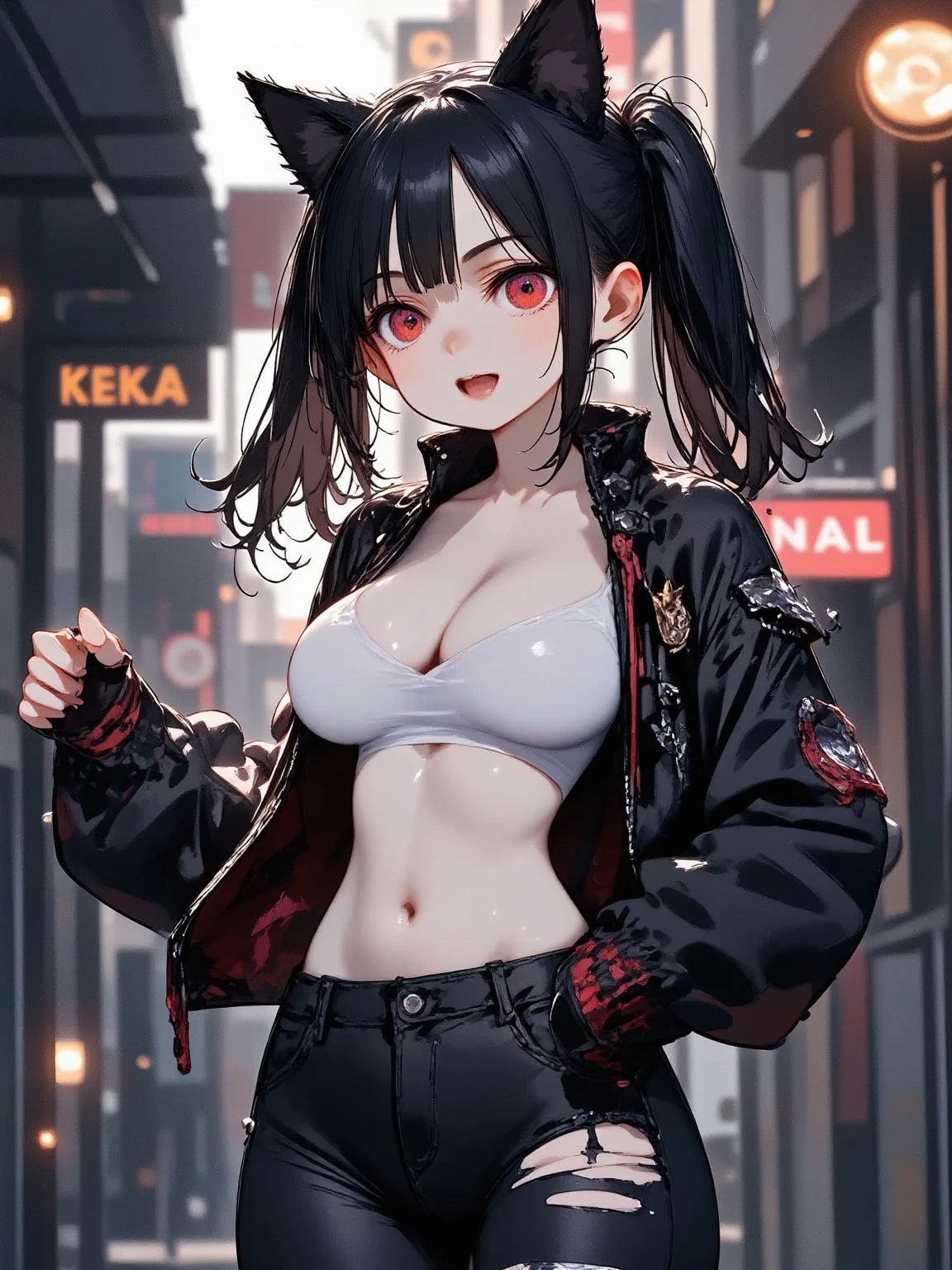 1girl\(cute,kawaii, charming, fascinating, bewitching, evil smile, smirk,evil face, fang, black hair,naughty smile, long hair, twin tails hair, pale skin, white skin, red eyes, eyes shining, big eyes, big breast, perky breast, punk fashion, ripped clothes, white tight tube top, tight hot pants, stomach shown, ripped black short jacket, fluffy black cat-ear, spiral eyes,eyes spiraled, bang, hands in pocket,shiny skin\), background\(outside, noisy city, backstreet, narrow street, neon lights, at midnight\),3d render, portraits, bust-up shot, from above, niji style, slight abdominal muscles,very close up of face,,zoom up girl, great focus, great bokeh,dynamic camera angle,punky costume,bags under eyes,taken by Kodak MC3 camera,anatomically correct body,beautiful body