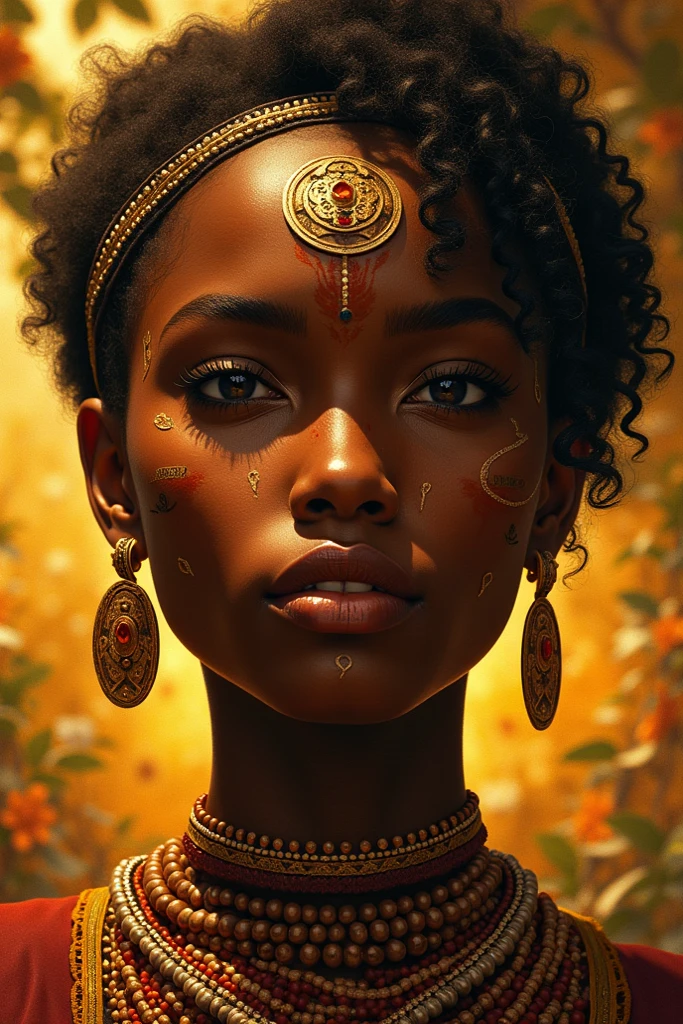 Behold the enchanting convergence of two distinct artistic realms in this visual masterpiece. The first subject unveils the hyper-realistic portrayal of a radiant black woman, her countenance adorned with regal elegance as she graces an empty expanse in an ethereal glittering gown. The second subject reveals the enchanting oil painting of the vibrant red smoke ascending amidst the breathtaking sunrise, its hues rich and evocative. Witness the harmonious coexistence of these two distinct realms, poised to captivate your senses. With a keen focus on detail, the image presents the woman's visage in clean, sharp