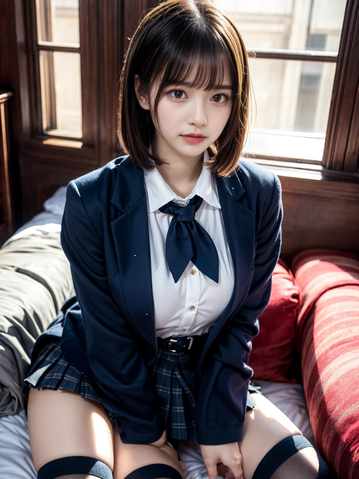 (8K, Raw photography, top-quality, masterpiece:1.2), muster piece, best quality, illustration, Super detailed, fine details, High resolution, 8K,wall paper, perfect dynamic composition,(Details High quality, realistic depiction of eyes:1.3), ((2 girls, 2 schoolgirls)), The background is a luxury hotel room、High school girl uniform、blazer 、Super Short Check Uniform Skirt、Navy blue high socks、garterbelts、Colossal tits、Disturbed uniform, Play with each other,Touching each other's bodies,Touching the body of the girl next door, short bob hair, black hair color, huge breasts, Big Natural Color Lip, bold sexy pose, (perfect body shape), crying a little、cold gaze, Harajuku style、Beautiful makeup,glitter makeup,Cutest 18 years old、 beautiful legs, hposing Gravure Idol, Voluptuous thighs