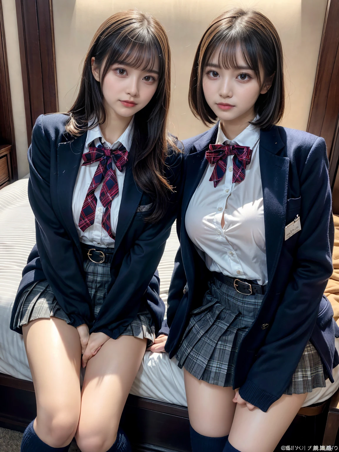 (8K, Raw photography, top-quality, masterpiece:1.2), muster piece, best quality, illustration, Super detailed, fine details, High resolution, 8K,wall paper, perfect dynamic composition,(Details High quality, realistic depiction of eyes:1.3), ((2 girls, 2 schoolgirls)), The background is a luxury hotel room、High school girl uniform、blazer 、Super Short Check Uniform Skirt、Navy blue high socks、garterbelts、Colossal tits、Disturbed uniform, Play with each other,Touching each other's bodies,Touching the body of the girl next door, short bob hair, black hair color, huge breasts, Big Natural Color Lip, bold sexy pose, (perfect body shape), crying a little、cold gaze, Beautiful makeup,glitter makeup,Cutest 18 years old、 beautiful legs, hposing Gravure Idol, Voluptuous thighs