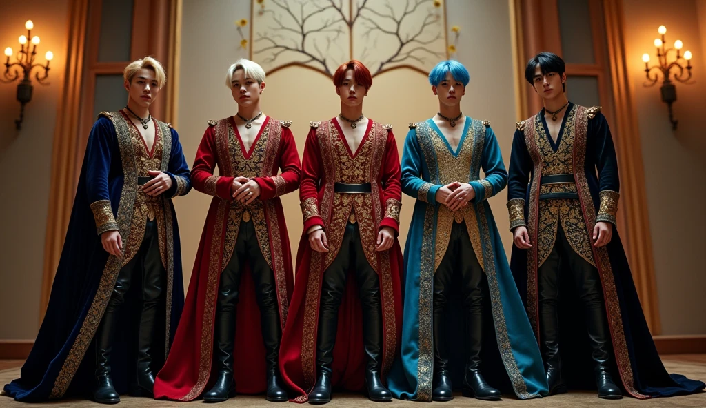 (photorealism:1.2), five handsome men, playing at fighting each other, lying on the floor, on a rug, inside a castle, They wear light medieval clothing, light of many candles, One of them has to be silver hair and pale skin., another has purple hair and olive skin, another has orange hair and pale skin, another has light mint green hair and pale skin and the last has warm skin and navy blue hair