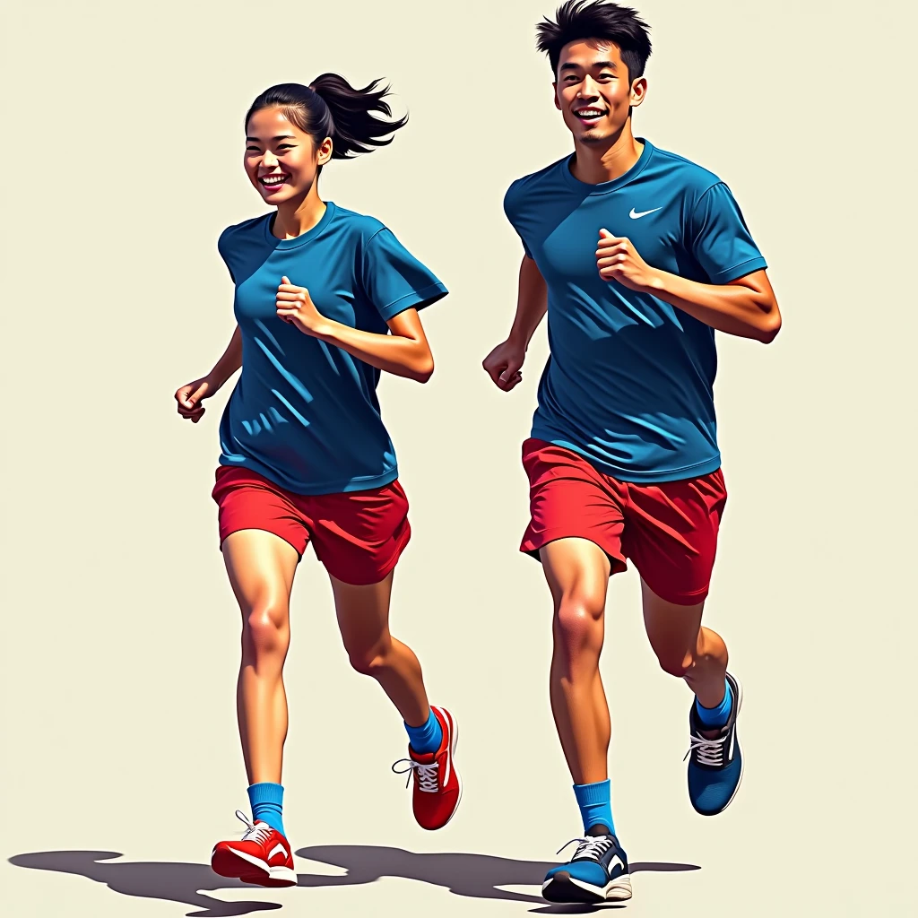 Sketch drawing of a young women and a young man in blue track uniforms