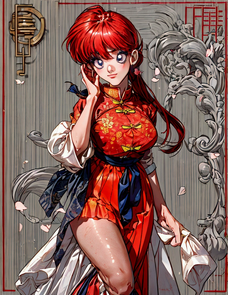 Create Female Ranma, Clear outline, Full body color photo, ( Beautiful and Exquisite Eyes ), ( pretty face:1.3), Wakaki's Smiling Face , long red hair， Bangs,  blue-gray eyes ,  big eyes， full breasts ，(Chinese Hansel :horse face long skirt),top: Slim Fit Chiffon High Waist Loose Elegant Chiffon Pleated Long Skirt(actual:1.2),(Floral),   (actual上下身衣服是:3.7. Scale)。