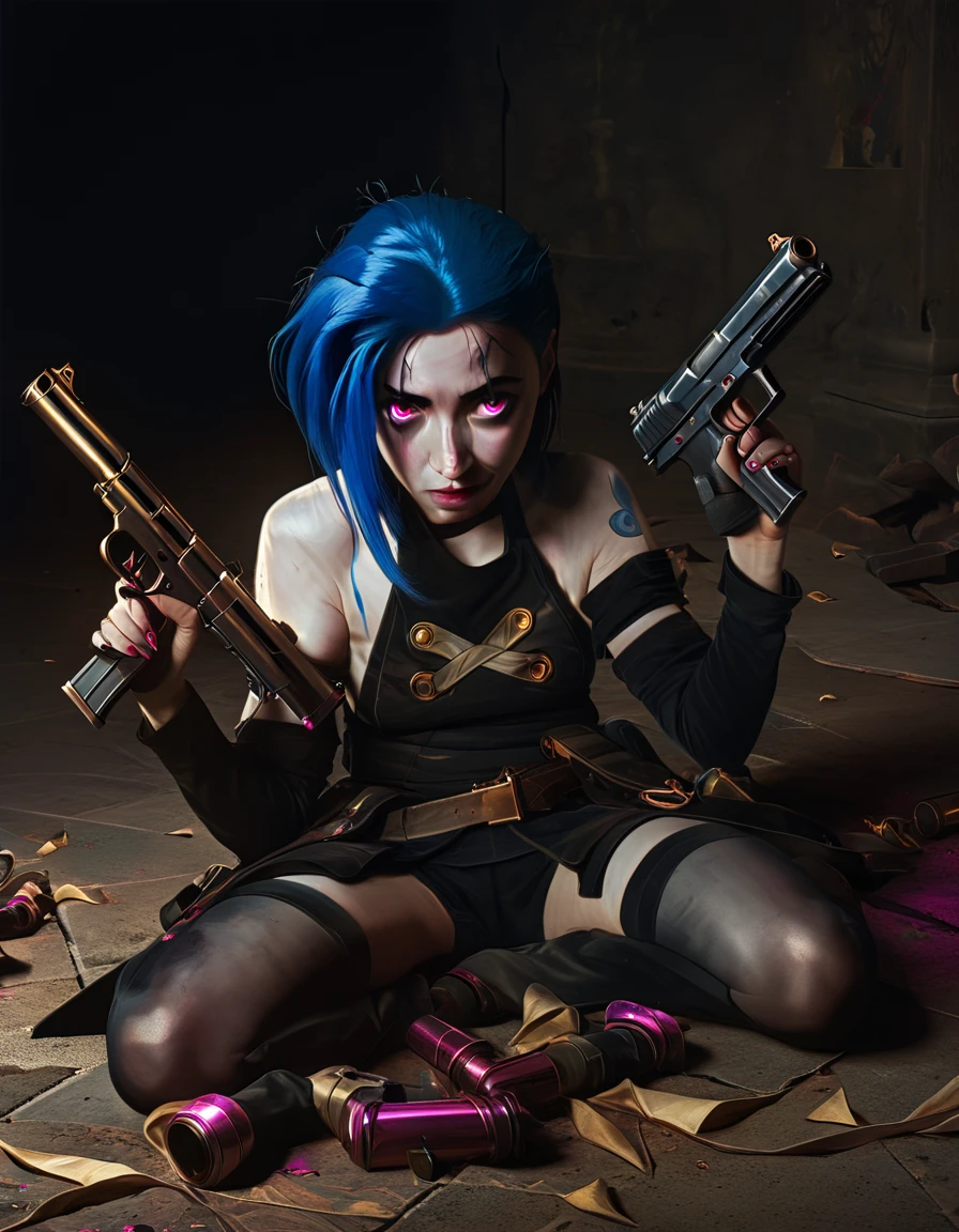 A woman with blue hair, pink eyes, and a playful expression, sitting on the ground and holding two guns with a mischievous gaze, inspired by Christian mythology, in the style of a Caravaggio painting, highly detailed, cinematic lighting, richly saturated colors, dramatic chiaroscuro, photorealistic, 8k
