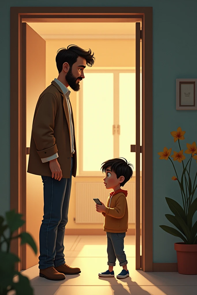 : A young boy standing by a door, peeking into a room where his father is working. The boy has a curious expression on his face.