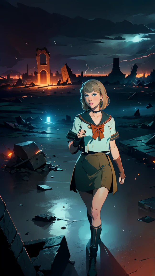 ( The best quality , A high resolution ,Ultra - detailed,actual),Taylor swift, ( masterpiece ,  better quality ;1.3),  very detailed CG,  very detailed,  a girl, alone, laugh, looking at the spectator,  elegant angle,  long blonde hair ,Blue eyes, ,  Sailor's Sensi Uniform , orange skirt, elbow bag, ,  Sailor Color Orange , red bow, orange choker ,  white gloves, jewelry,  from above,,( Dungeon ruins background in ruins cyberpunk  :1.4 )  I have a lot of heart ,  frontal,Venus,hurricane, abstract background ,  galaxy background ,(Marinero Venus:1.4), (Marinero Venus V2.1), ,( Dungeon Ruins Background in Ruined Big Stones Cyberpunk :1.4 ),( perfect anatomy  :1.4), ( cinematic lighting  :1.4),( dynamic cowboy pose), ( dark cloud rain background  :1.4), (Taylor swift :1.4), (Taylor swift V2.1),( fingers detailed :1.4),  big thighs, gigantic