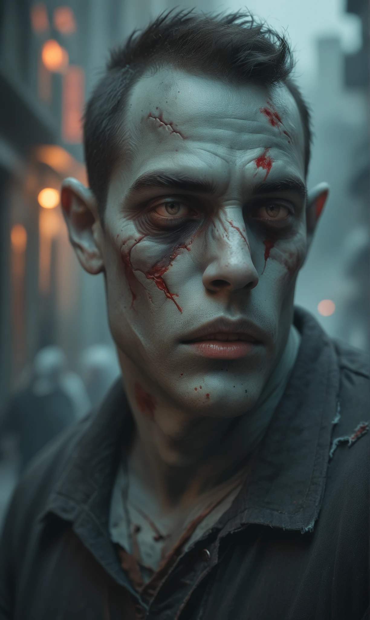 A highly detailed closeup shot of an injured guy with a bloodied face and blue eyes, looking directly into the camera with a sinister, evil smile. The background is blurred, emphasizing his intense expression and the severity of his injuries. Created Using: intricate shading techniques, hyper-realistic textures, dramatic lighting, cinematic effect, hd quality
