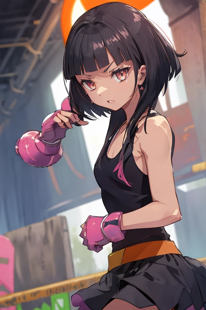  kindergarten girls are boxing 、　 Well-Trained Body 　、 orange tank top、 black hair、 dark eyes、 delivers sharp punches 、 Pink gloves 
、(((Underground Arena、Battle of Darkness )))