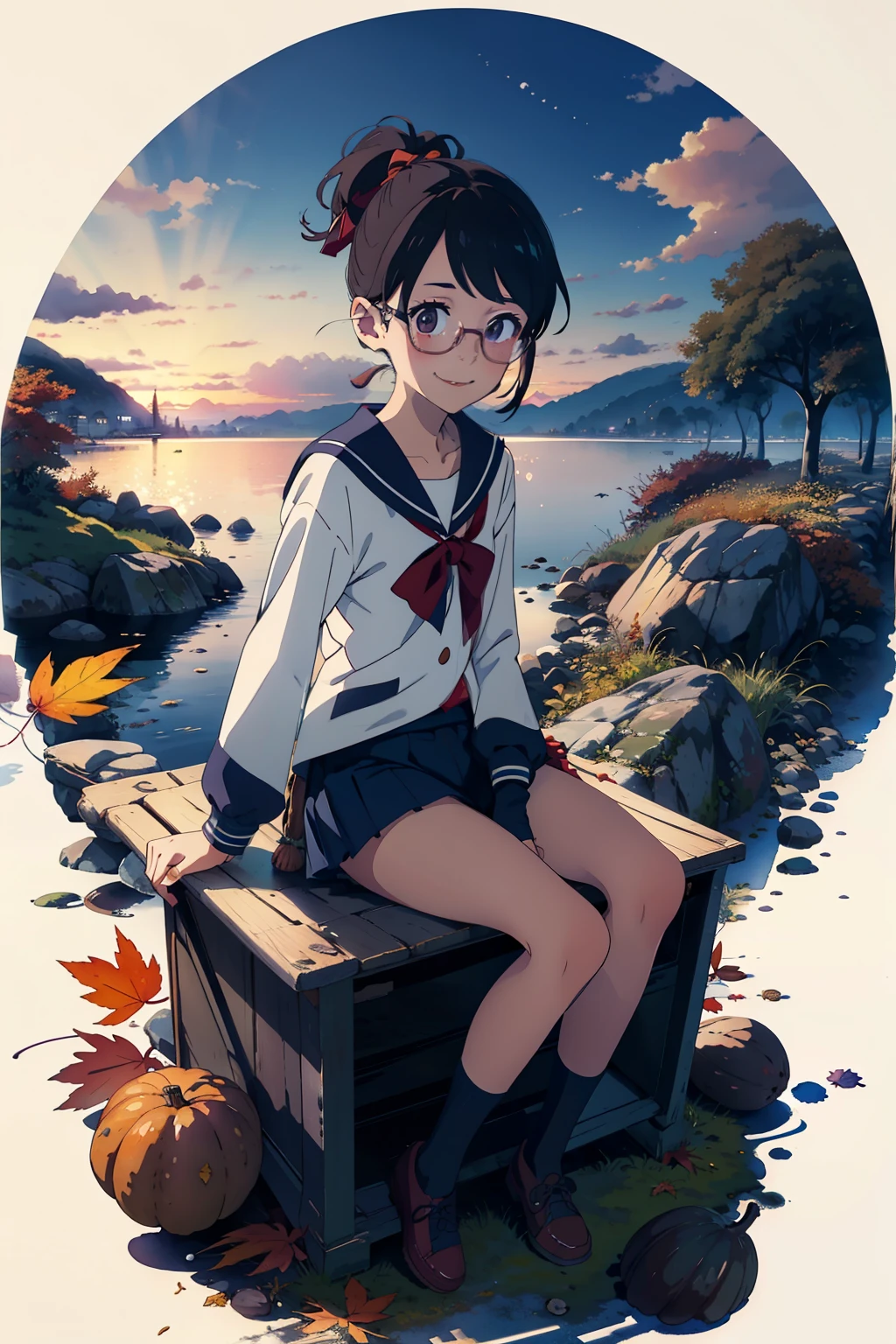 ( High Quality )， fisheye lens，One， a very young girl ，Baby Face，Very short stature， toddler figure ， very small flat chest，My breasts seem to be puffed up with pecanches， very thin limbs，  very thin thighs，  small ass  ，naked，long sleeve collared sailor suit ， Sit at a Desk Dressed as a Girl {x} Dark Blue Pleated Mini Skirt，Glasses，grassland，  is smiling ，At dusk，beautiful beautiful sunset，autumn，autumnの紅葉，Strong winds， bright ， bright  色，watercolor， Ghibli style， sarcasm ，