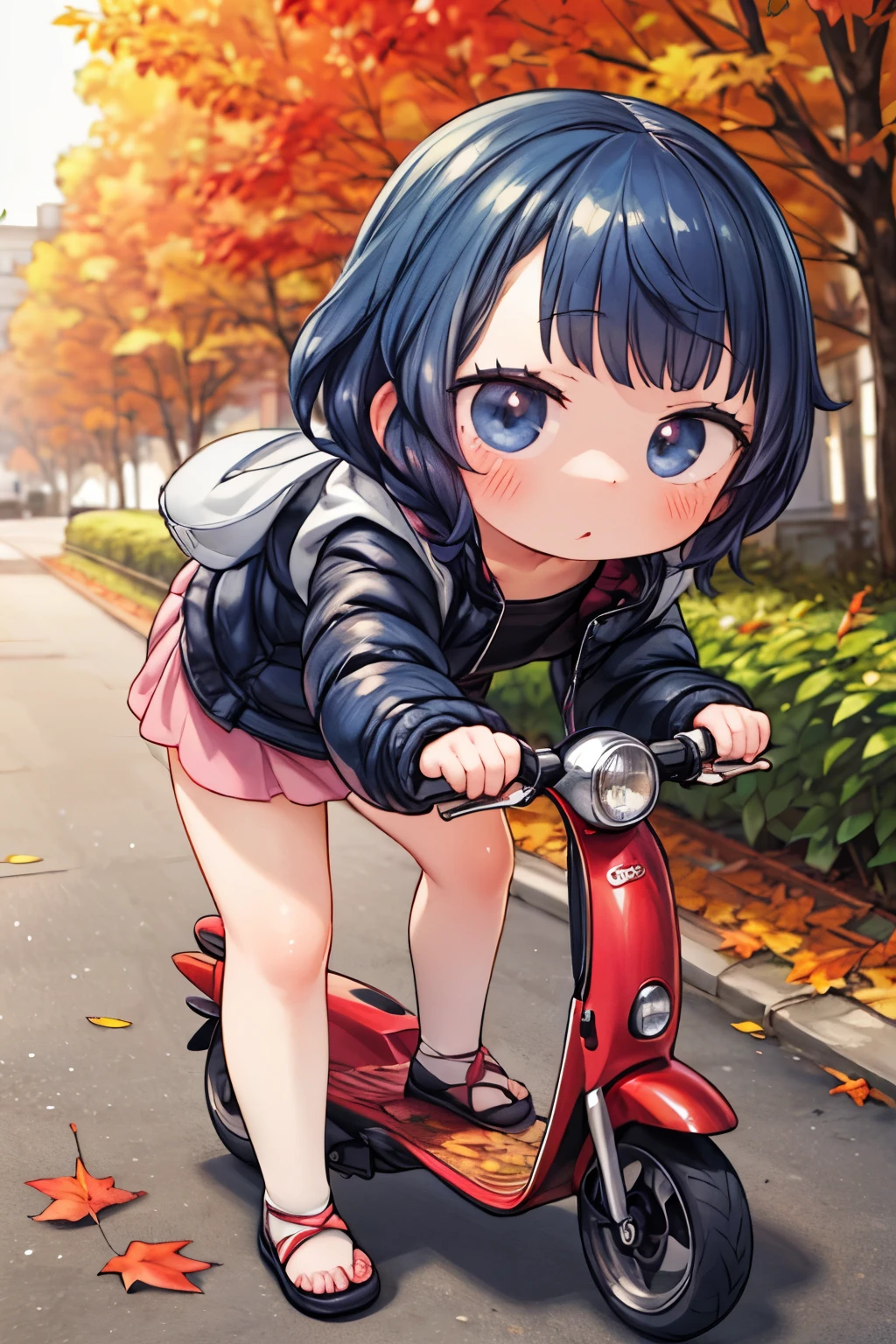 cute girl，   anime girl  ，Ride a small scooter， It's high definition  ，autumn、autumn leaves，  down jacket ，  Details, 32K，