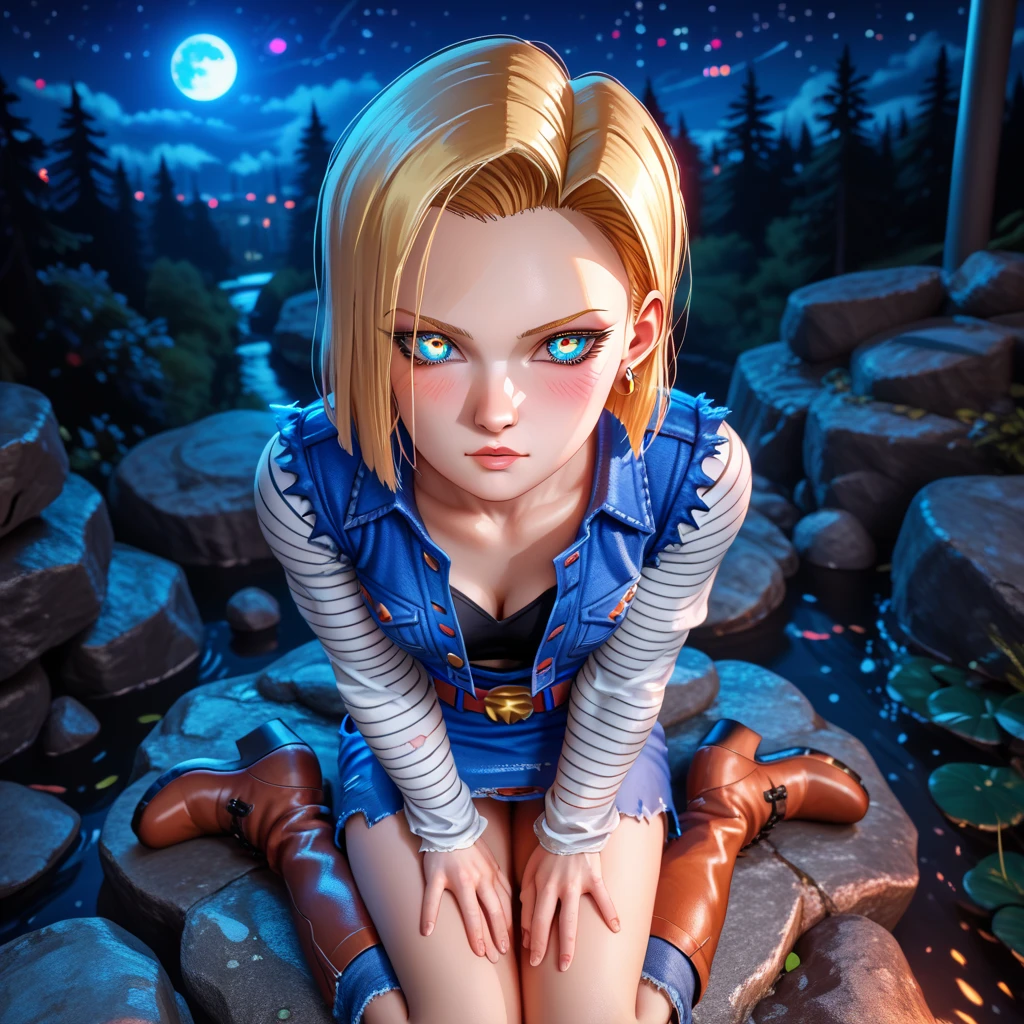 score_9, score_8_up, score_7_up, intricate details, anime, masterpiece, 4k, 8k, ((detailed eyes)), high contrast,(Android 18, side shaved,),1girl, high quality, high resolution,  detailed, fit body, muscular , deep plunge neckline, clothes torn apart, ashamed, suprised expression, blush, sitting on a rock,  view from above,  Boots,  dark forest,  night time,  moon back light, high contrast,  stars , neon light, ambient light,  icity alley, cyberpunk feeling, neon light,   vivid colors, satured ,