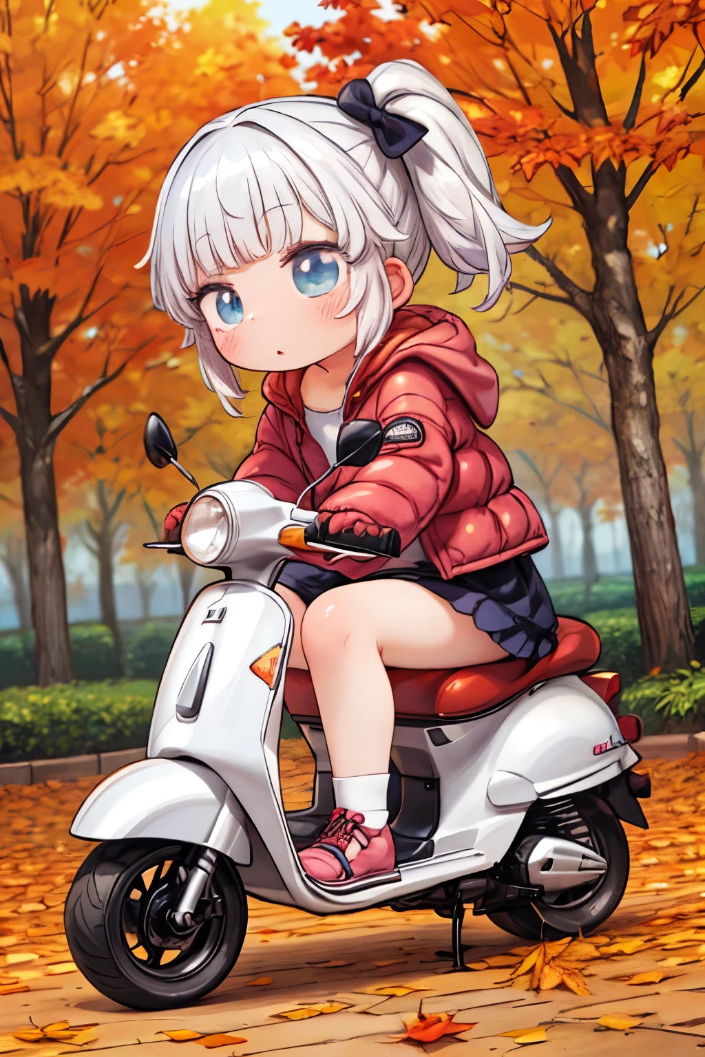 cute girl，   anime girl  ，Ride a small scooter， It's high definition  ，autumn、autumn leaves，  down jacket ，  Details, 32K，