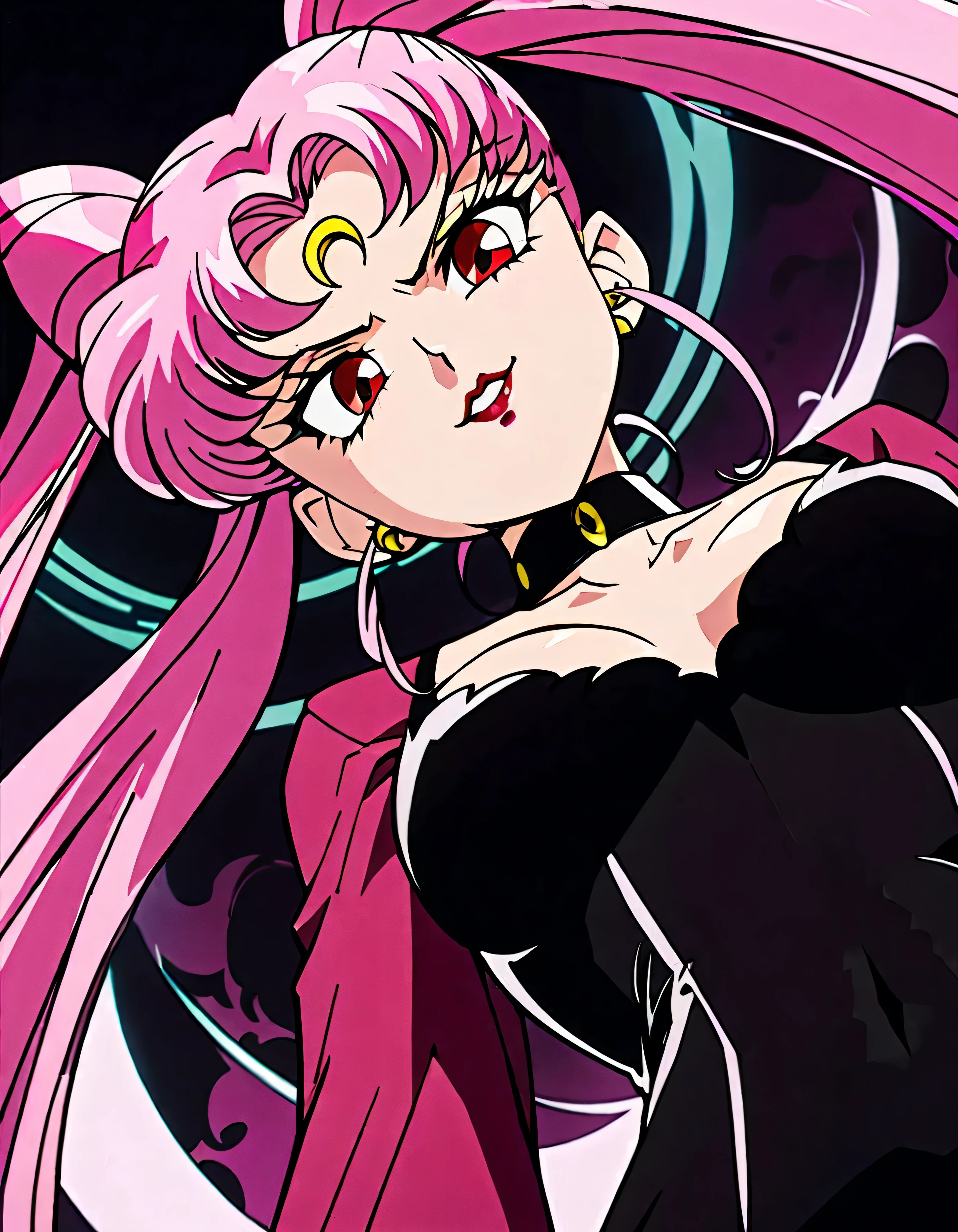  Sailor Moon Wicked Lady, Pink Hair, Red eyes, ,  Black Crescent Moon Mark on Forehead , very evil smirk,beautiful body,shaded face(eyes in evil shadow),((masterpiece,best quality)), absurdes,black dress,upper body,beautiful face,,looking down at viewer,twintail,,Sadistic ridicule,look down,looking down at viewer, ,,from below,close up,Dark Side、Alone.1girl、darkness,wander,cyberpunk,evil and huge black ink swirl background,