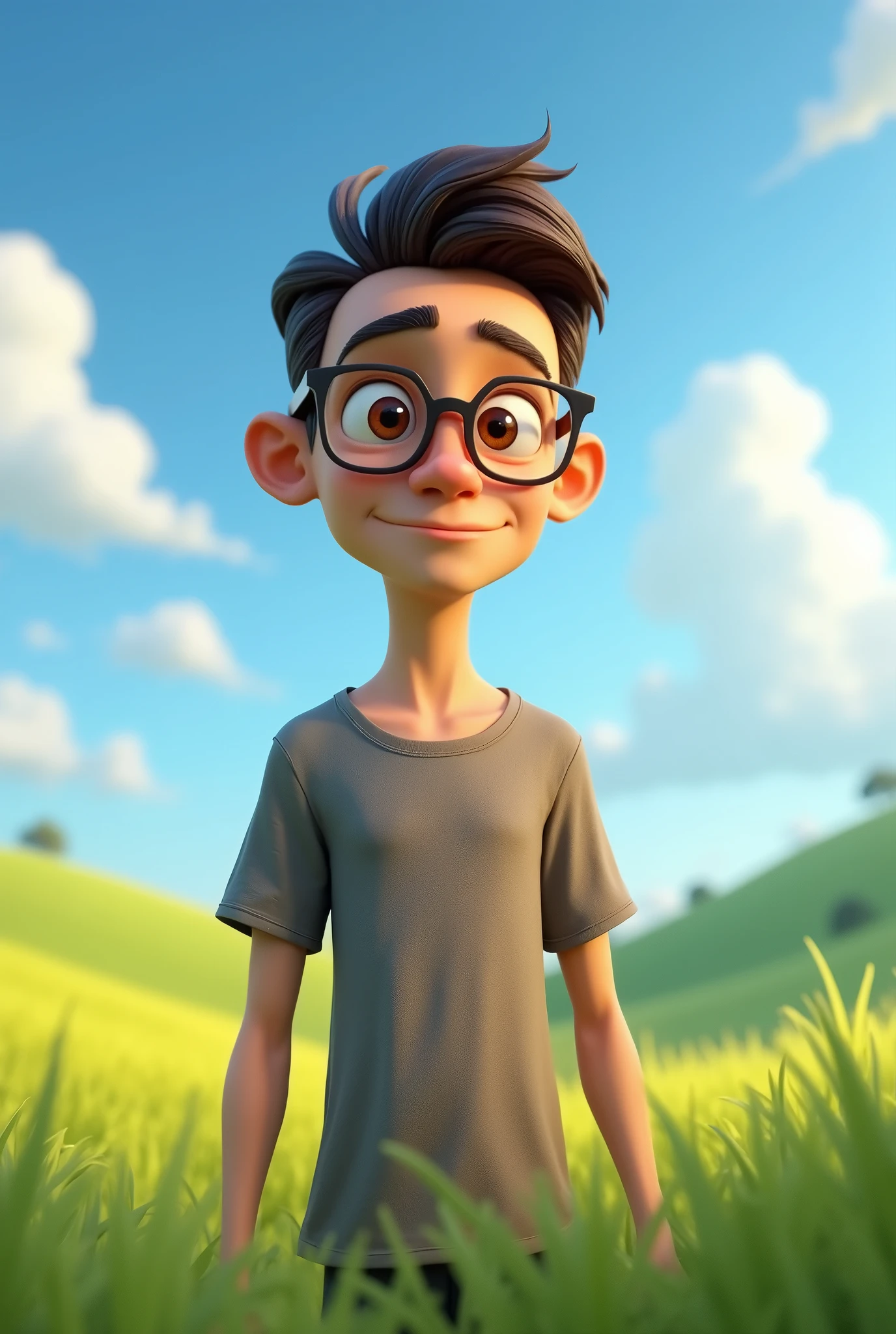 Pixar in 3D 
Slim man with brown eyes with glasses tall square t-shirt on a field background