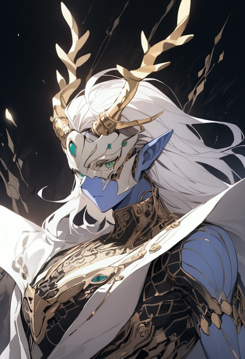 1man looking robotic with golden antlers, green eyes and white hair, gray mask and blue skin 