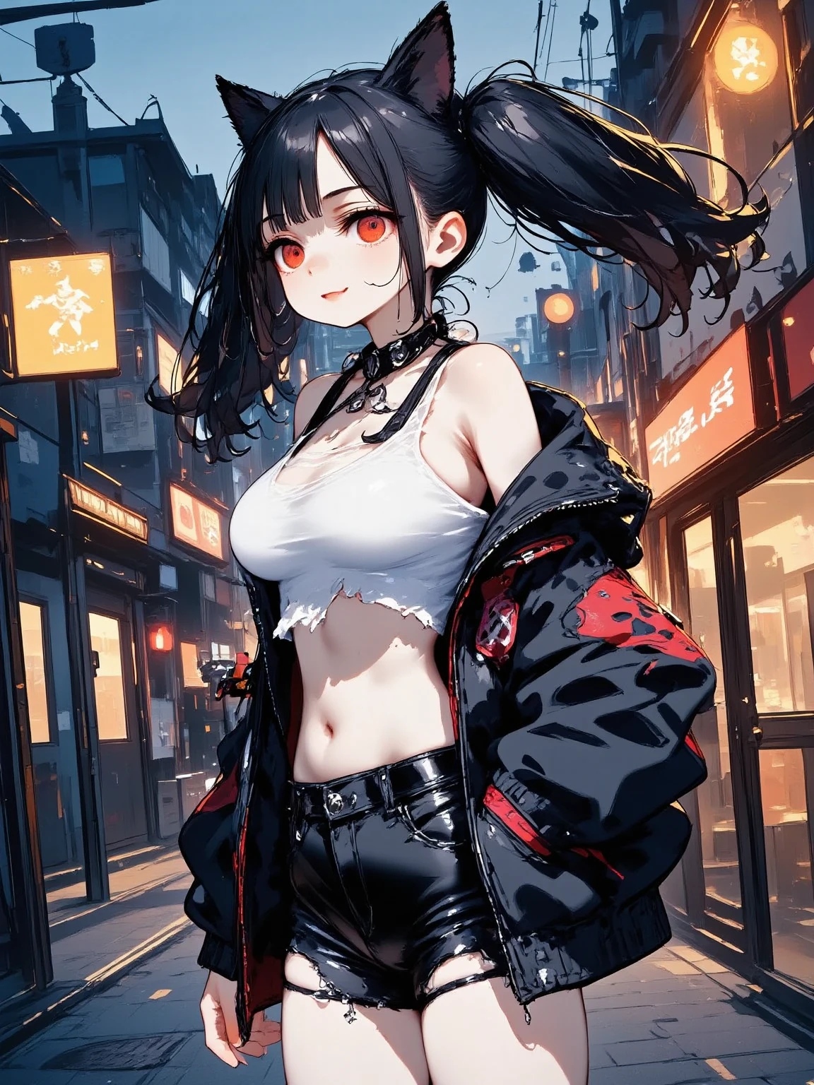 1girl\(cute,kawaii, charming, fascinating, bewitching, evil smile, smirk,evil face, fang, black hair,naughty smile, long hair, twin tails hair, pale skin, white skin, red eyes, eyes shining, big eyes, big breast, perky breast, punk fashion, ripped clothes, white tight tube top, tight hot pants, stomach shown, ripped black short jacket, fluffy black cat-ear, spiral eyes,eyes spiraled, bang, hands in pocket,shiny skin\), background\(outside, noisy city, backstreet, narrow street, neon lights, at midnight\),3d render, portraits, bust-up shot, from above, niji style, slight abdominal muscles,very close up of face,,zoom up girl, great focus, great bokeh,dynamic camera angle,punky costume,bags under eyes,taken by Kodak MC3 camera,anatomically correct body,beautiful body