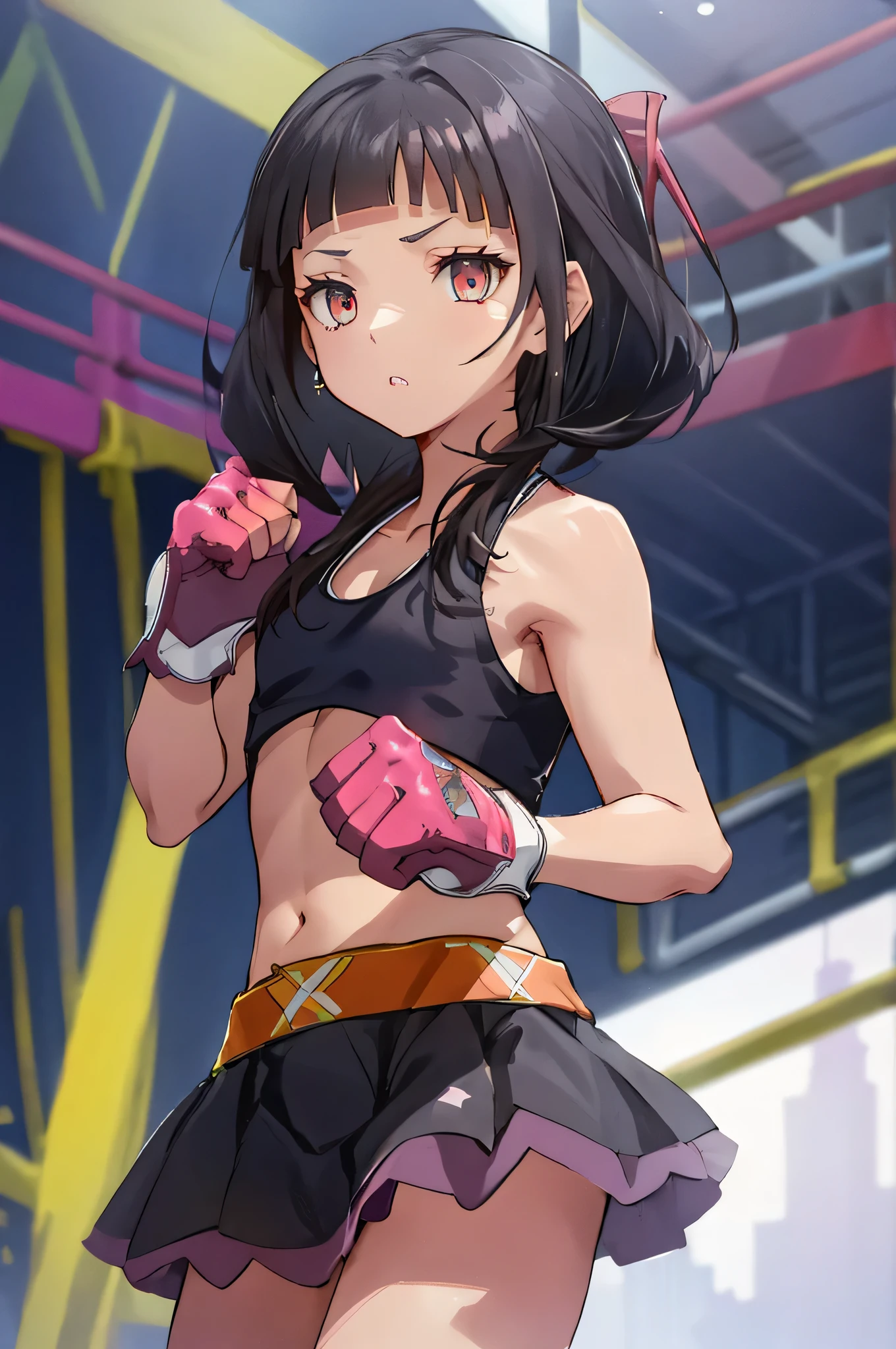  kindergarten girls are boxing 、　 Well-Trained Body 　、 orange tank top、 black hair、 dark eyes、 delivers sharp punches 、 Pink gloves 
、(((Underground Arena、Battle of Darkness )))