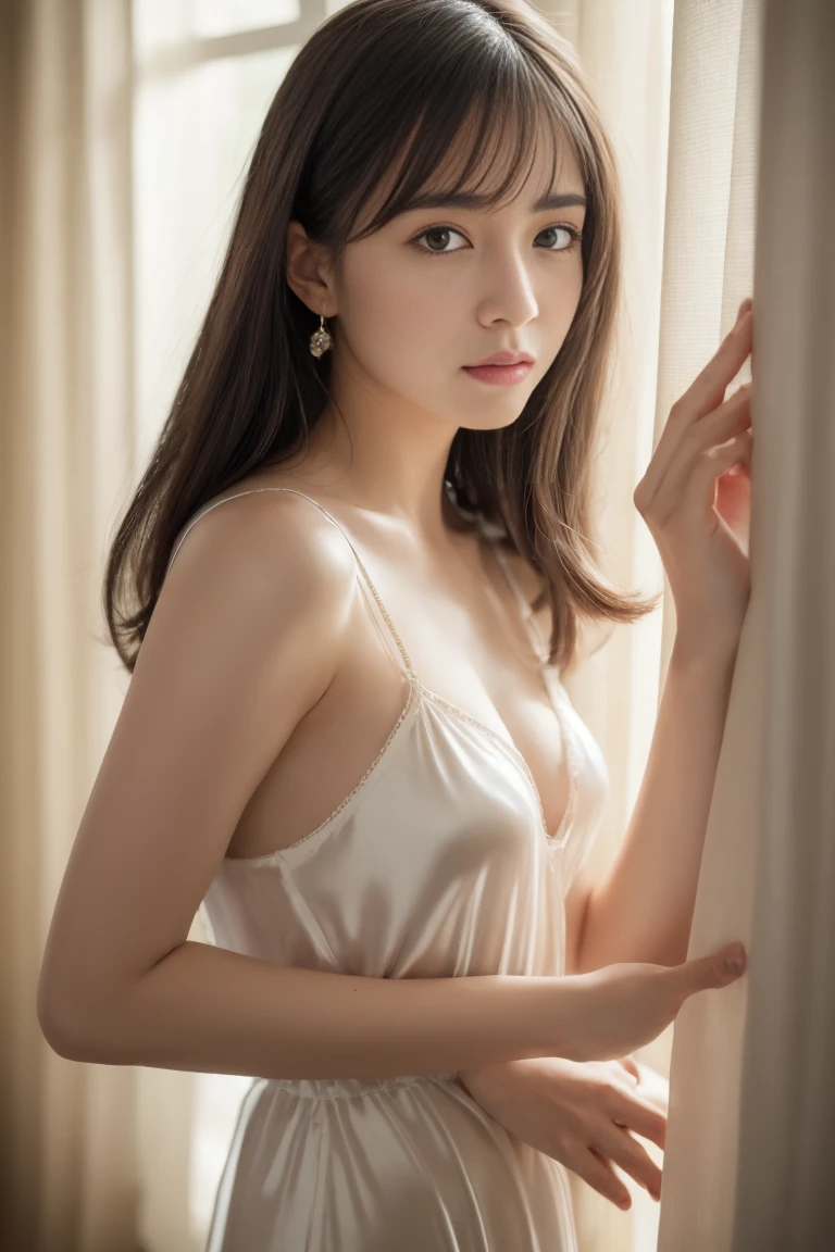 Kawaii,8K,Masterpiece,Very slender figure,best slender girl,Japan Beauty,Very cute face,Small breasts size,Modest breasts size,Fine wet skin,Photorealistics,Cinematic light,Eyes for detail,The face is illuminated, The exposed part of the nipple that sticks out, Wearing a Satin dress without underwear,